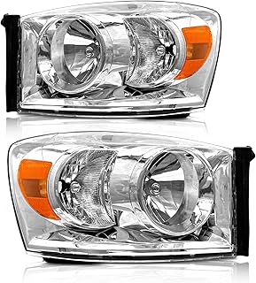 2006-2008 Dodge Ram Headlights Assembly for 2006 2007 2008 Dodge Ram 1500/2006 2007 2008 2009 Dodge Ram 2500 3500 Chrome Housing Amber Reflector Replacement Driver and Passenger Side