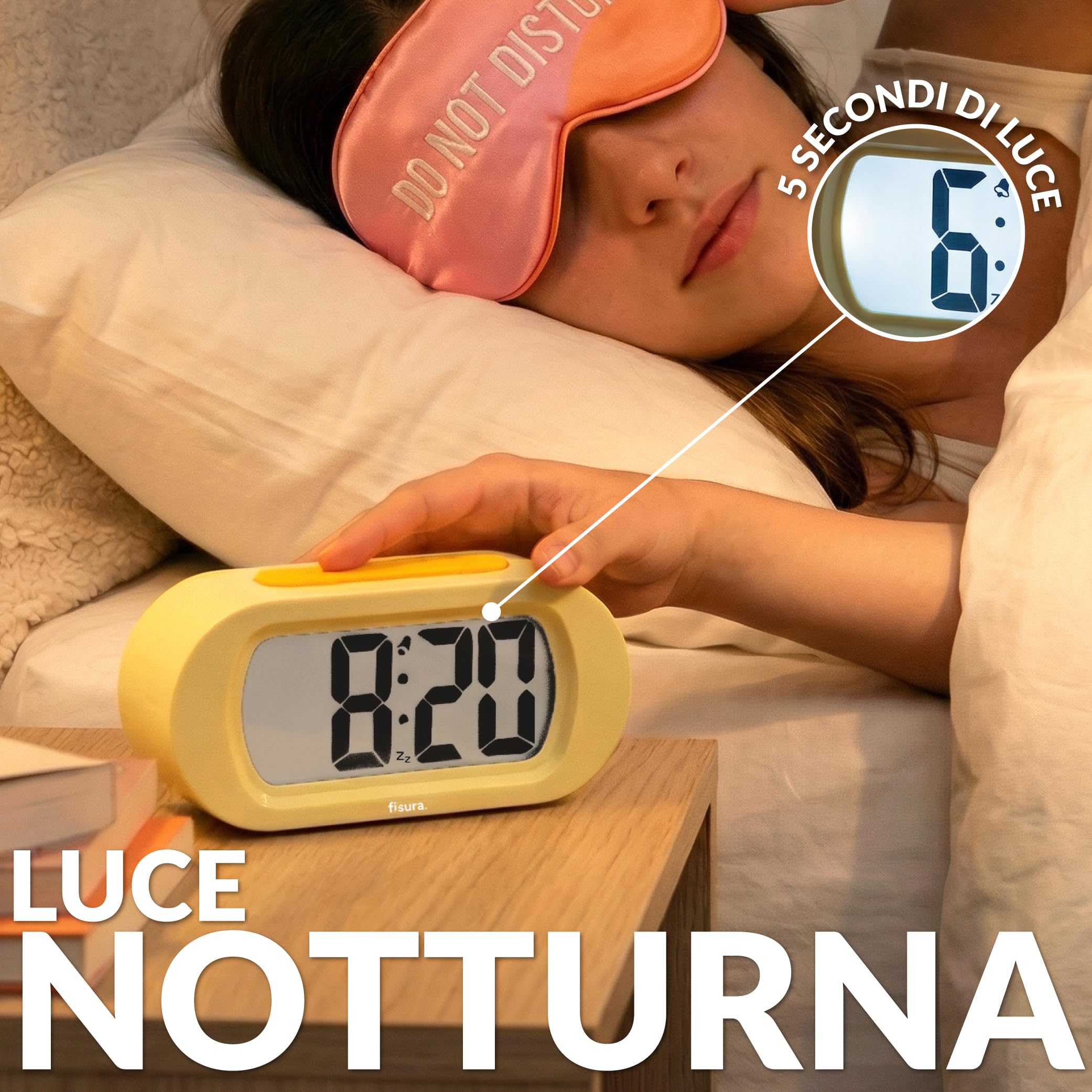 Fisura – Sveglia digitale gialla, orologio con display LED, formato 12/24 ore con retroilluminazione, sveglia da comodino a batterie, funziona con 3 AAA non incluse