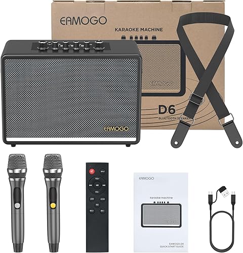 Miniatura 9 de Altavoz Bluetooth portátil con 2 micrófonos inalámbricos, gabinete de madera de abedul de graves profundos de 70 W, sistema PA Bluetooth para