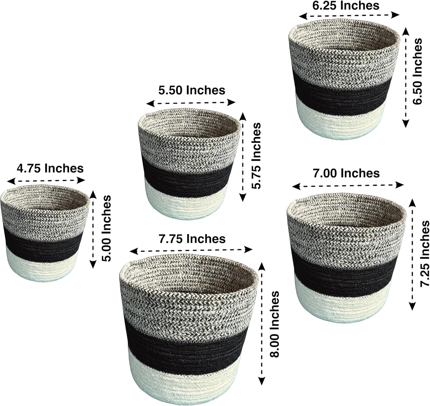 planter basket set – 5-piece handwoven jute planter basket for home decor, nursery, or indoor plants (5'' to 8'' diameter, 4.75'' to 7.75'' height) – wrinkle free - gray, black & natural stripe gray top with black stripe & natural base