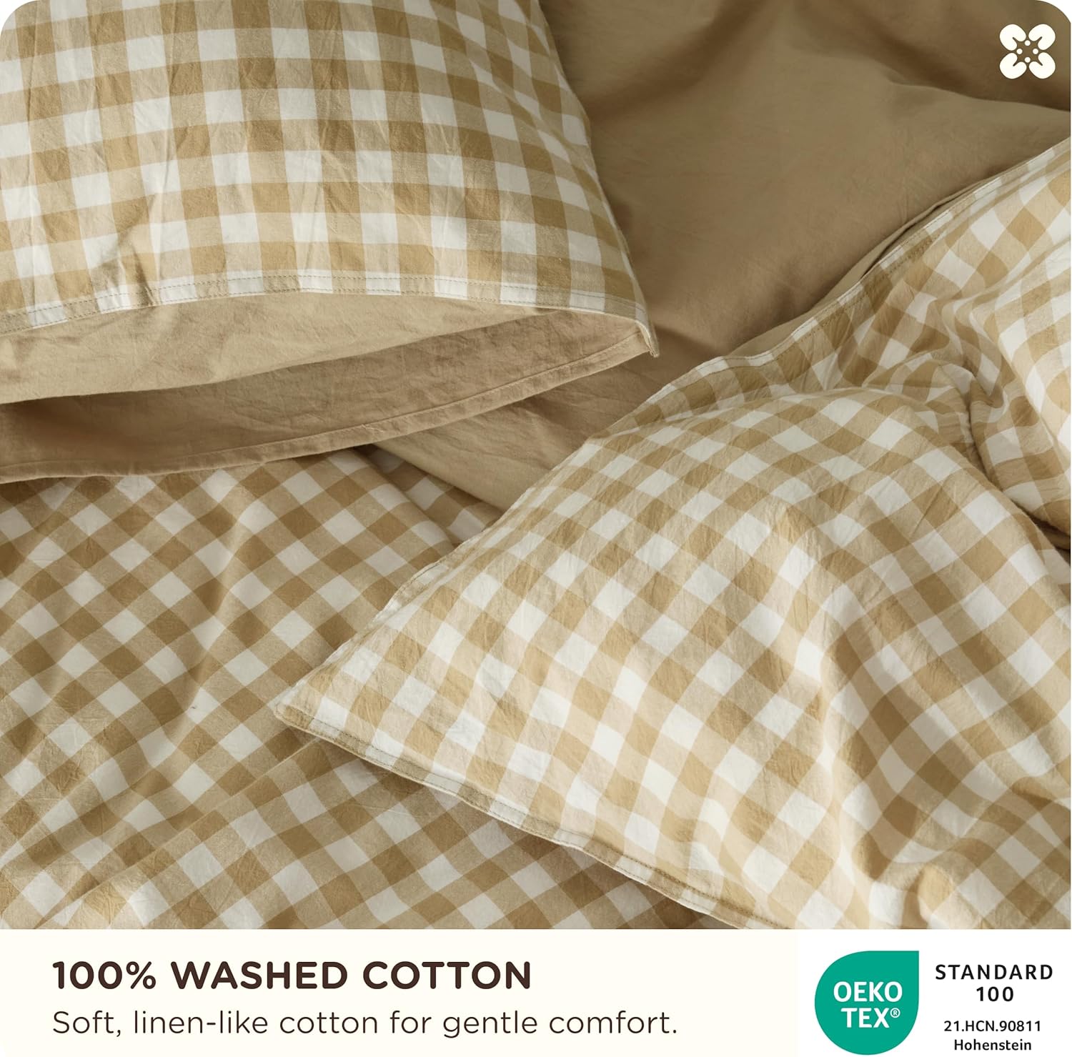 Bedsure Gingham Duvet Cover King Size,100% Washed Cotton Duvet Cover Linen Like Textured, Classic Yarn-Dyed Checkered Pattern Enhances Bedroom Comfort and Style, Gingham Khaki, 104"x90" - Image 4