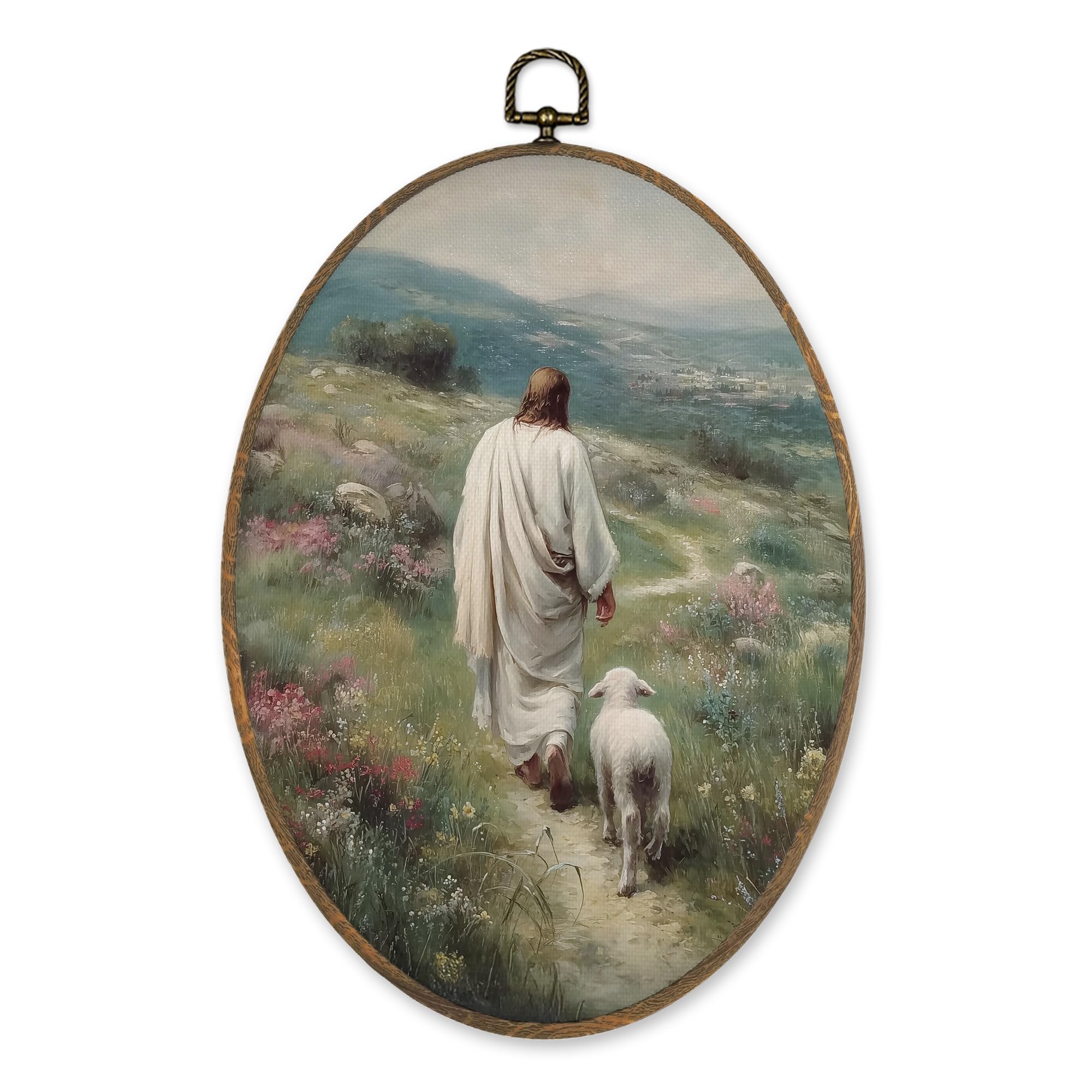 LKETW Vintage Christian Jesus and Lamb Oval Wall Art Decor, Religious Bible Verse Oval Canvas Hanging Decor, Rustic Farmhouse Jesus Wall Decorations for Home Bedroom Church Prayer Room, 8.6x11.4 Inch