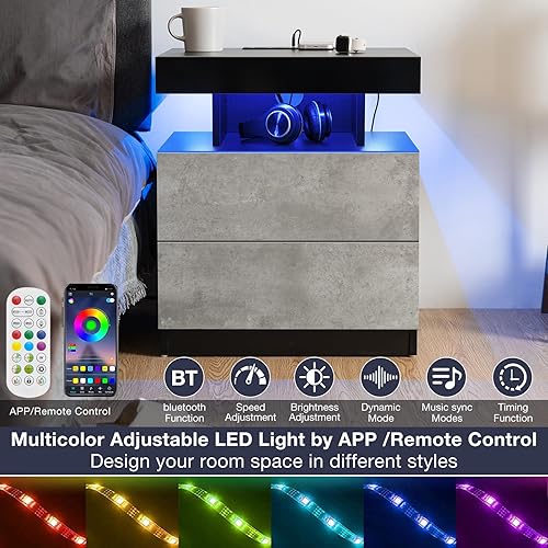 Miniatura 45 de HOMMPA Mesita de noche LED con estación de carga inalámbrica y puertos USB, soporte de noche de 3 cajones con luz LED RGB de brillo ajustable,
