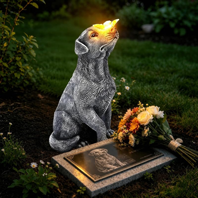 Estátua Memorial para Cães com Borboleta e Luz Solar Goodeco, Cinza