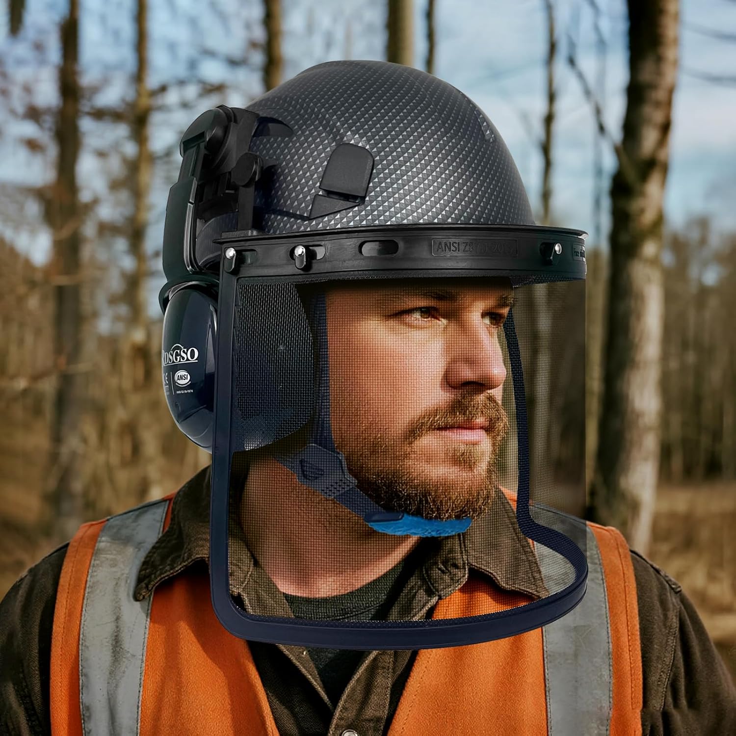 Chainsaw Safety Hard Hats with Mesh Face Shield and Ear Muffs Forestry Safety Helmet Outdoor Work Head Protection ANSI Approved