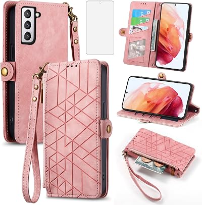Asuwish Phone Case for Samsung Galaxy S21 FE 5G Wallet Cover with Tempered Glass Screen Protector and Flip Zipper Card Holder Cell Accessories S 21 EF S21FE5G UW S21FE 21S G5 6.4 inch Women Men Pink
