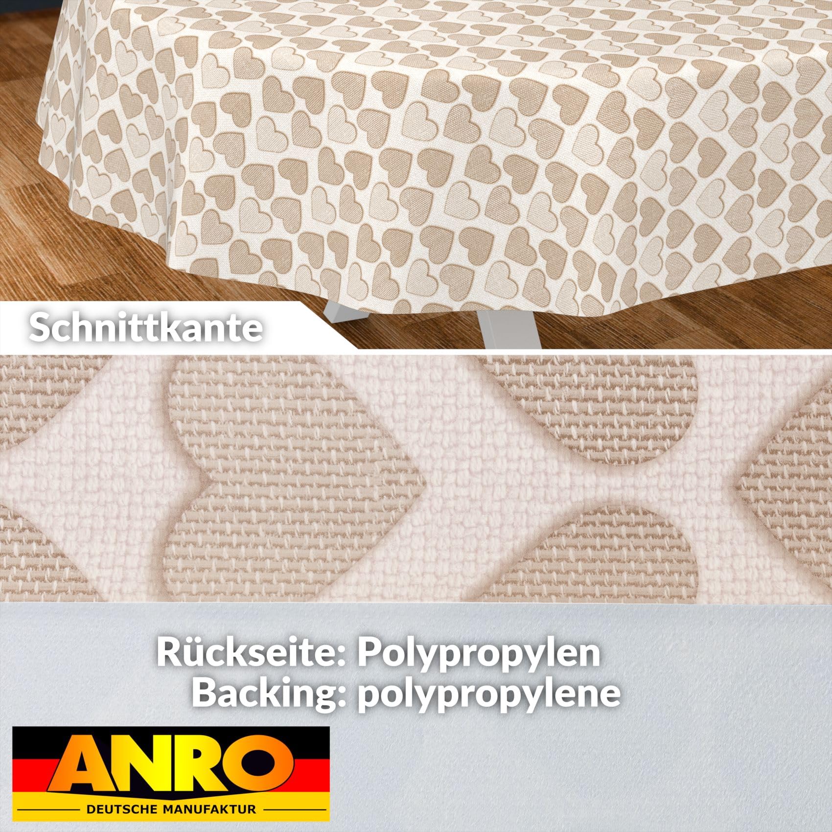 ANRO Oilcloth Tablecloth, Washable, Oilcloth, Garden Tablecloth, Outdoor, Indoor, Oval, 180 x 140 cm, Cut Edge, Heart, Beige - Image 2