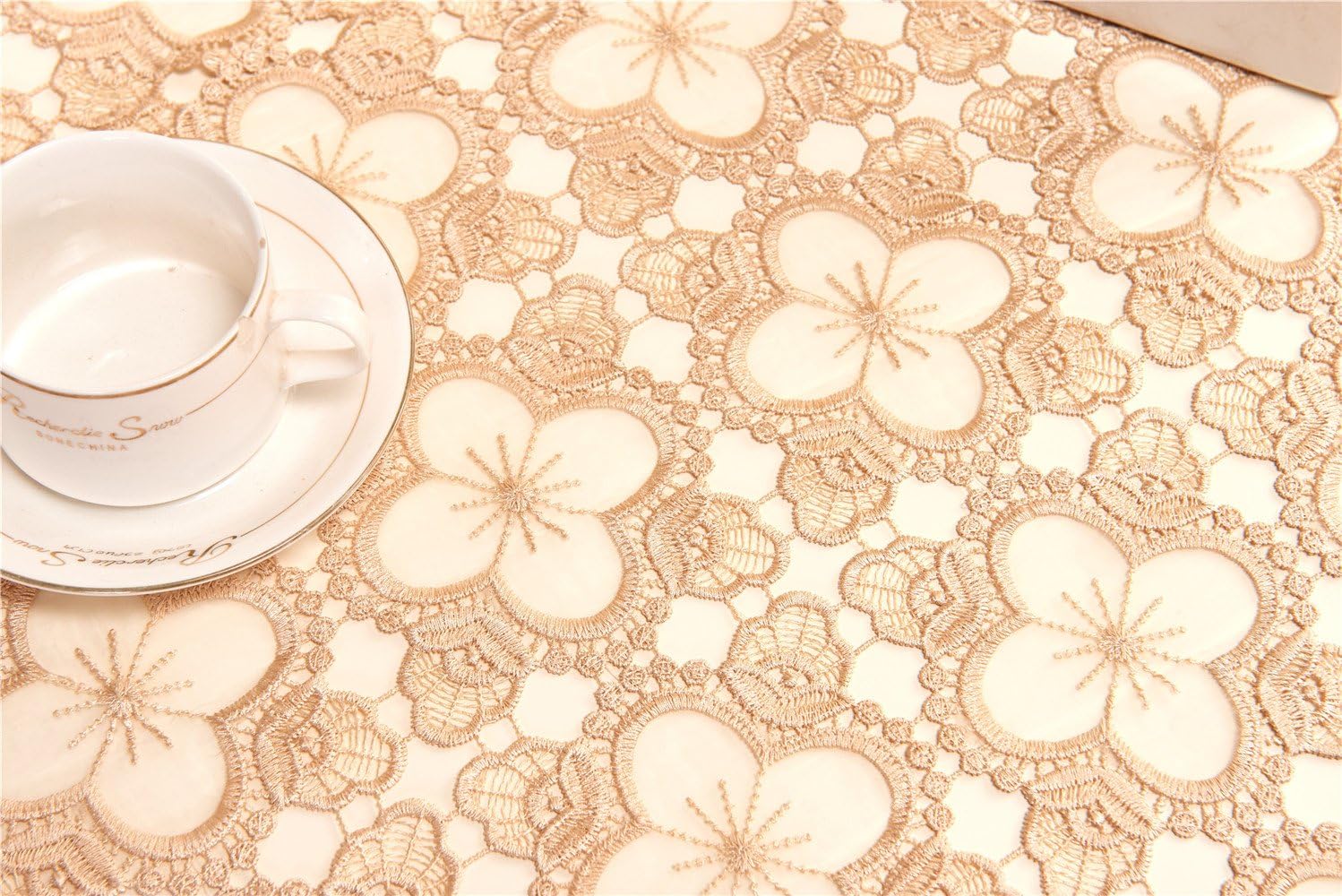 ADASMILE A & S Lace Tablecloth Rectangle Handmade Crocheted Table Cover with Flowers for Rectangle Tables Party Wedding Light Brown 60"x90"