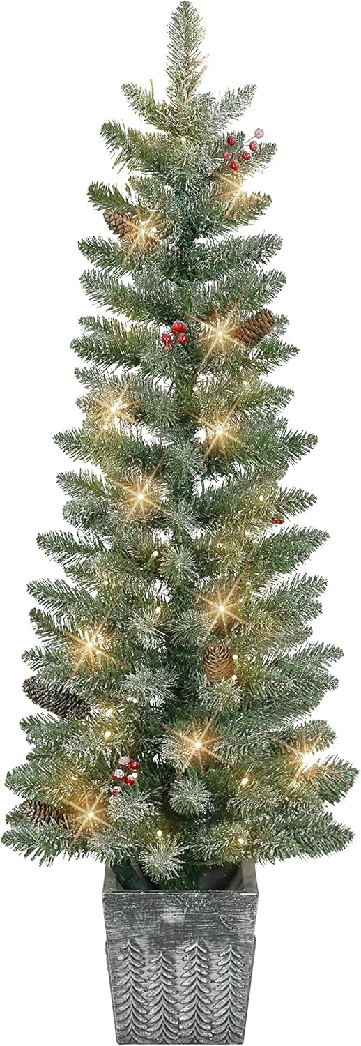 Puleo International Set of 2 Battery-Operated Pre-Lit Flocked Potted Trees 109 Tips 50 Warm White LED Lights with Timer