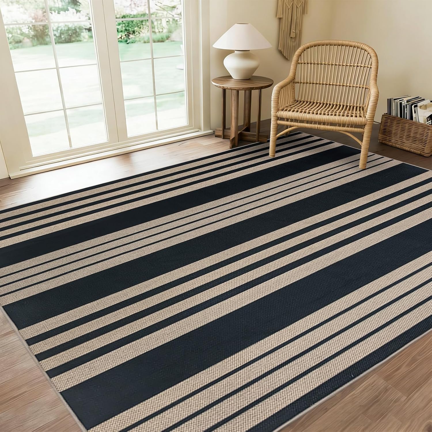 USTIDE Tappeto in iuta a righe, 150 x 200 cm, antiscivolo, lavabile, grande, neutro, per soggiorno, casa colonica, interni ed esterni, nero, per camera da letto, sala da pranzo, patio, cortile