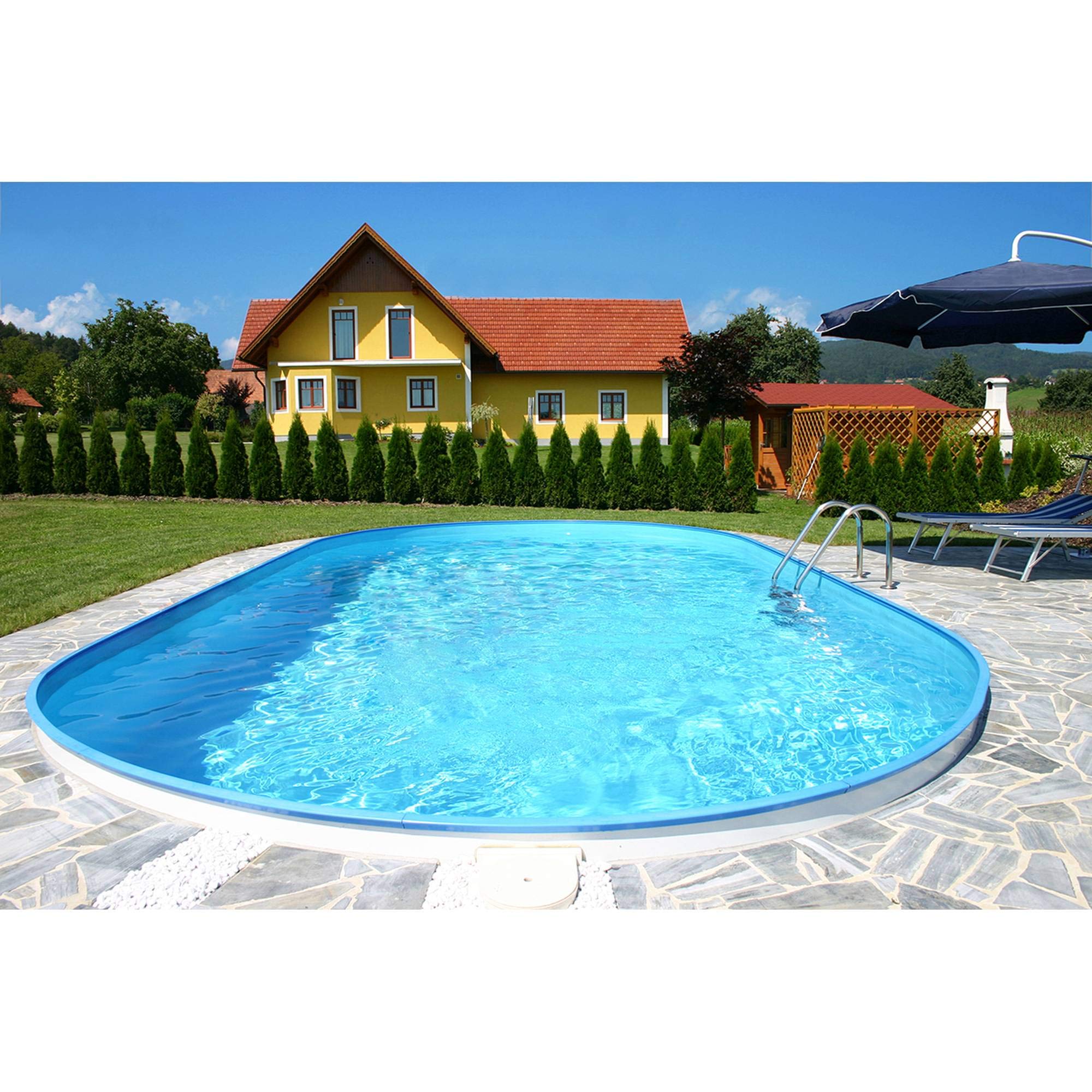 Planet Pool Stahlwandpool oval 623x360x120 cm, Stahl 0,4 mm weiß, Folie 0,4 mm blau, Einhängebiese