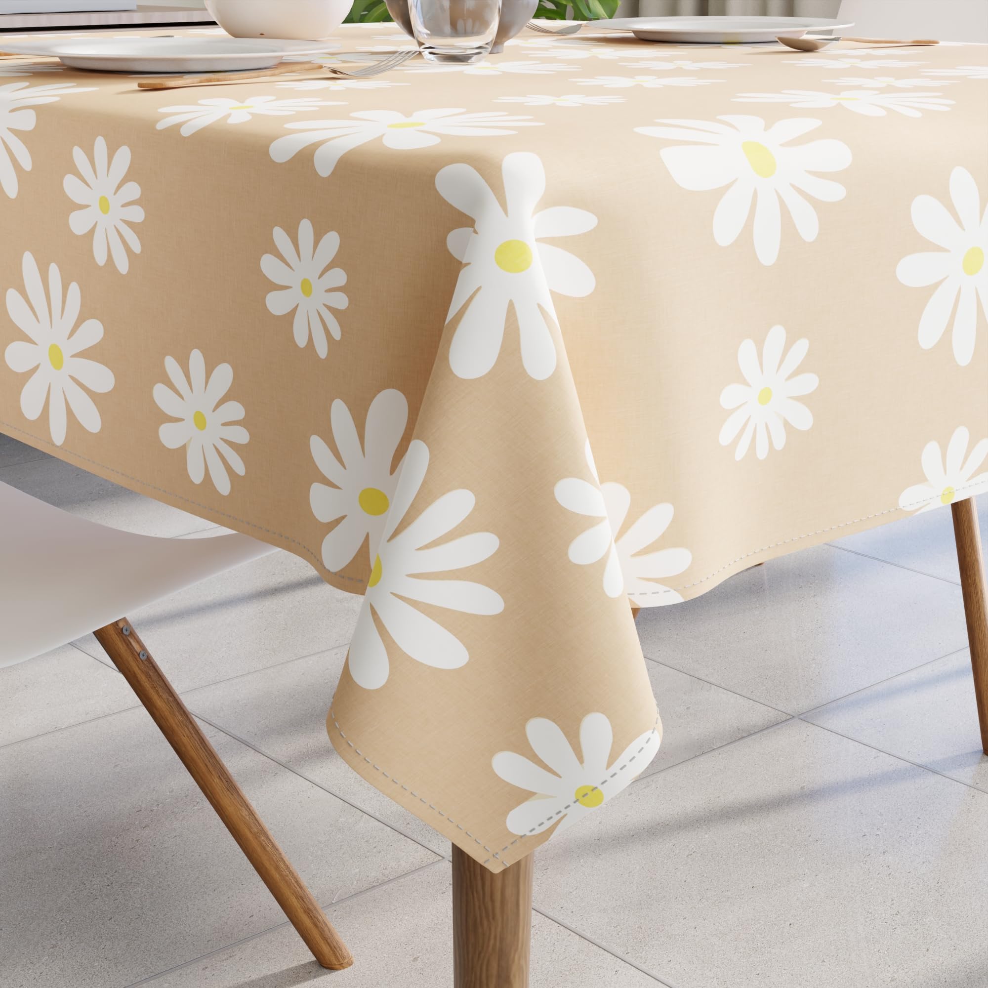 Encasa XO Dining Table Cover Cloth for 4 to 6 Seater (56"x72") | Cotton Rectangular Dining Table Cloth – Machine Washable Rectangle Tablecover for Wedding, Party, Buffet – Daisy Beige