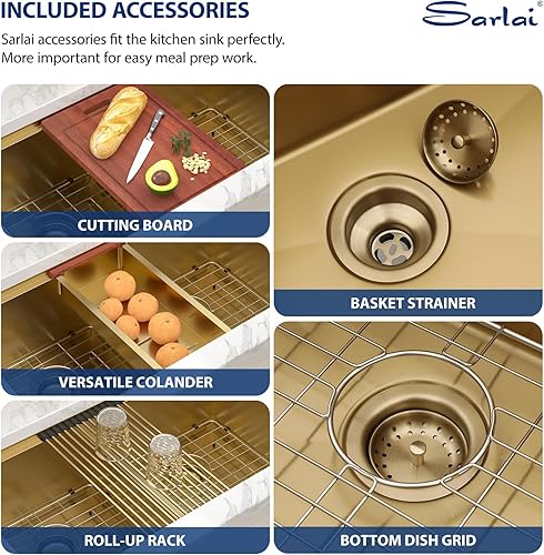 Vista 143 de Sarlai Fregadero doble de 33 piezas para empotrar - Fregadero de cocina de 33 x 19 pulgadas, acero inoxidable de calibre 16, esquina redonda, doble