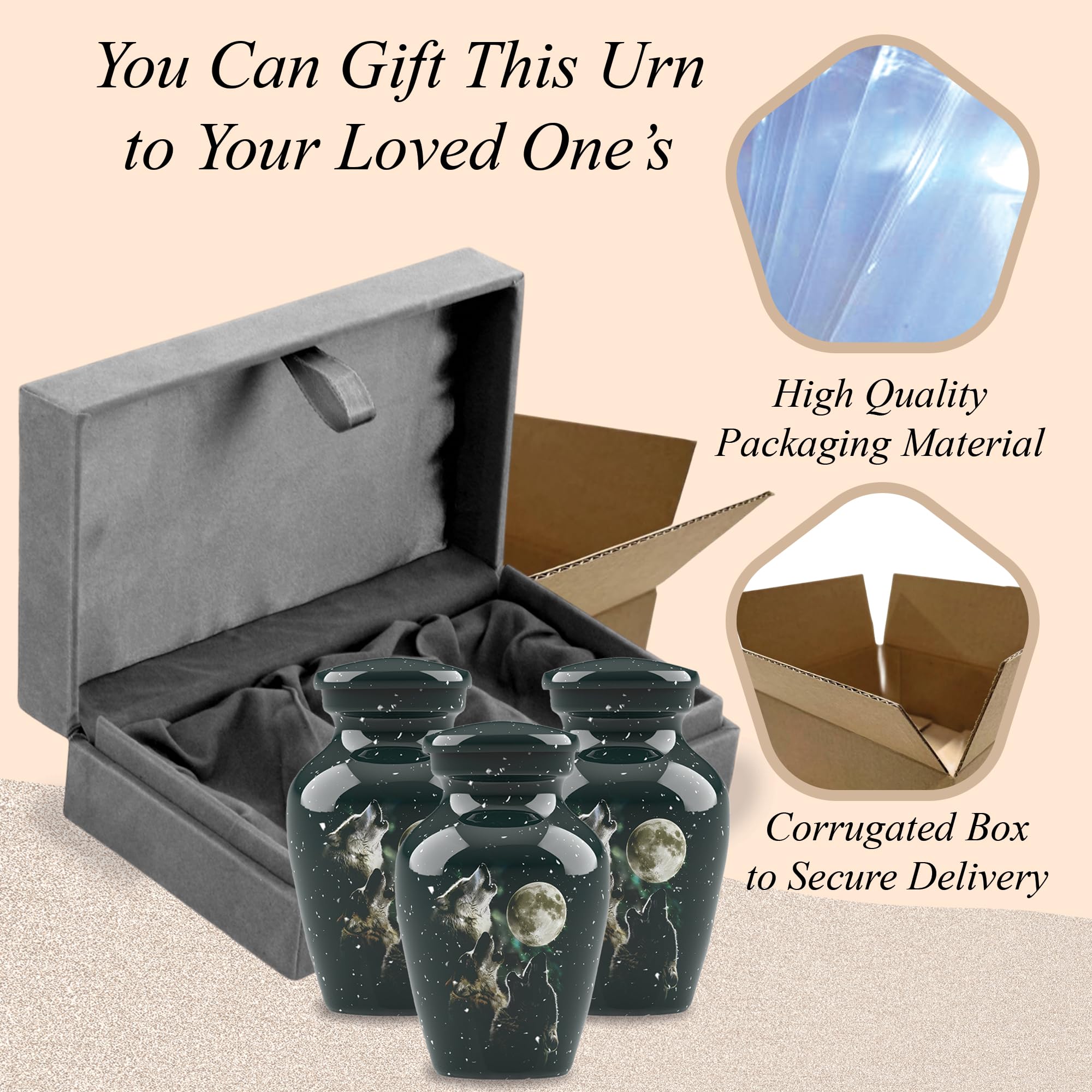 Forever Urnas de cremación para cenizas, urna clásica de cremación de 3 lobos para cenizas humanas, completamente hecha a mano con caja de protección de terciopelo (juego de 3 recuerdos)