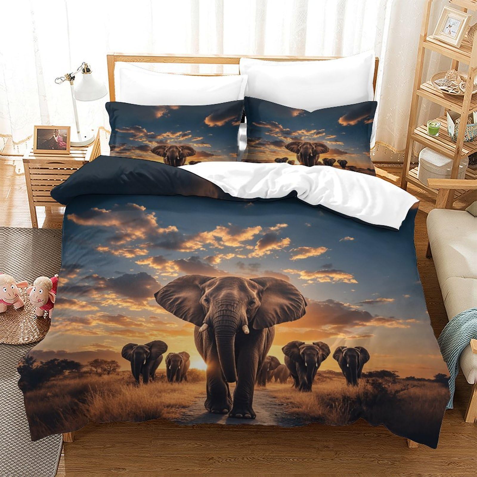 Xiaopangxy Boys Elephant-15 Elephant Cotton Duvet Cover Ivory Various Sizes Quilt Cover Bedding Set Soft & Cozy Percale Weave African Grassland Comforter Cover With Zipper Closure For Kids & Adults King（220X240cm）