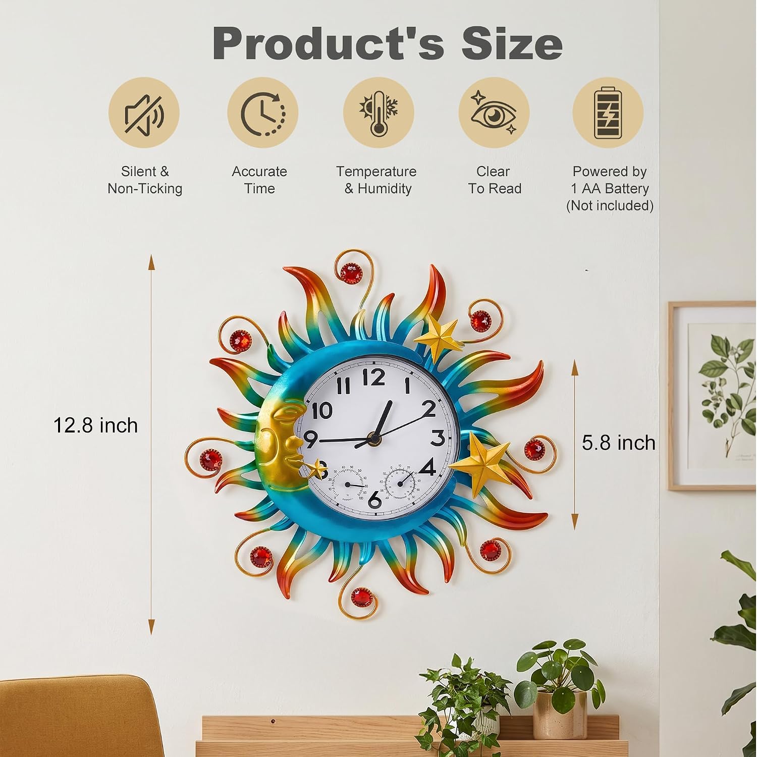 Sun and Moon Outdoor Clocks for Patio Waterproof, Outdoor Wall Clock Thermometer Combo, 13 Inch Silent Non-ticking Decorative Clock with Temperature, Decor for Garden, Living Room and Kitchen image 2