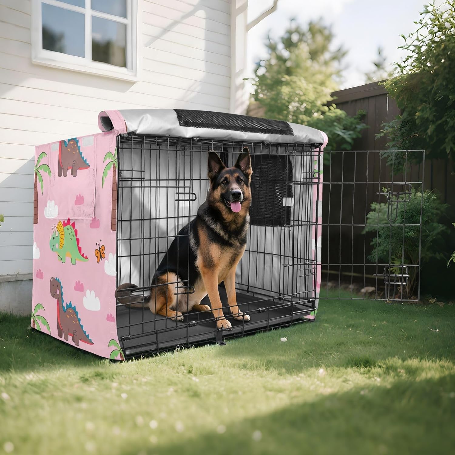 Colorful Cute Dinosaurs Pink Dog Crate Covers Breathable, S-XL Windproof Covers for Pet Cages, X-Large