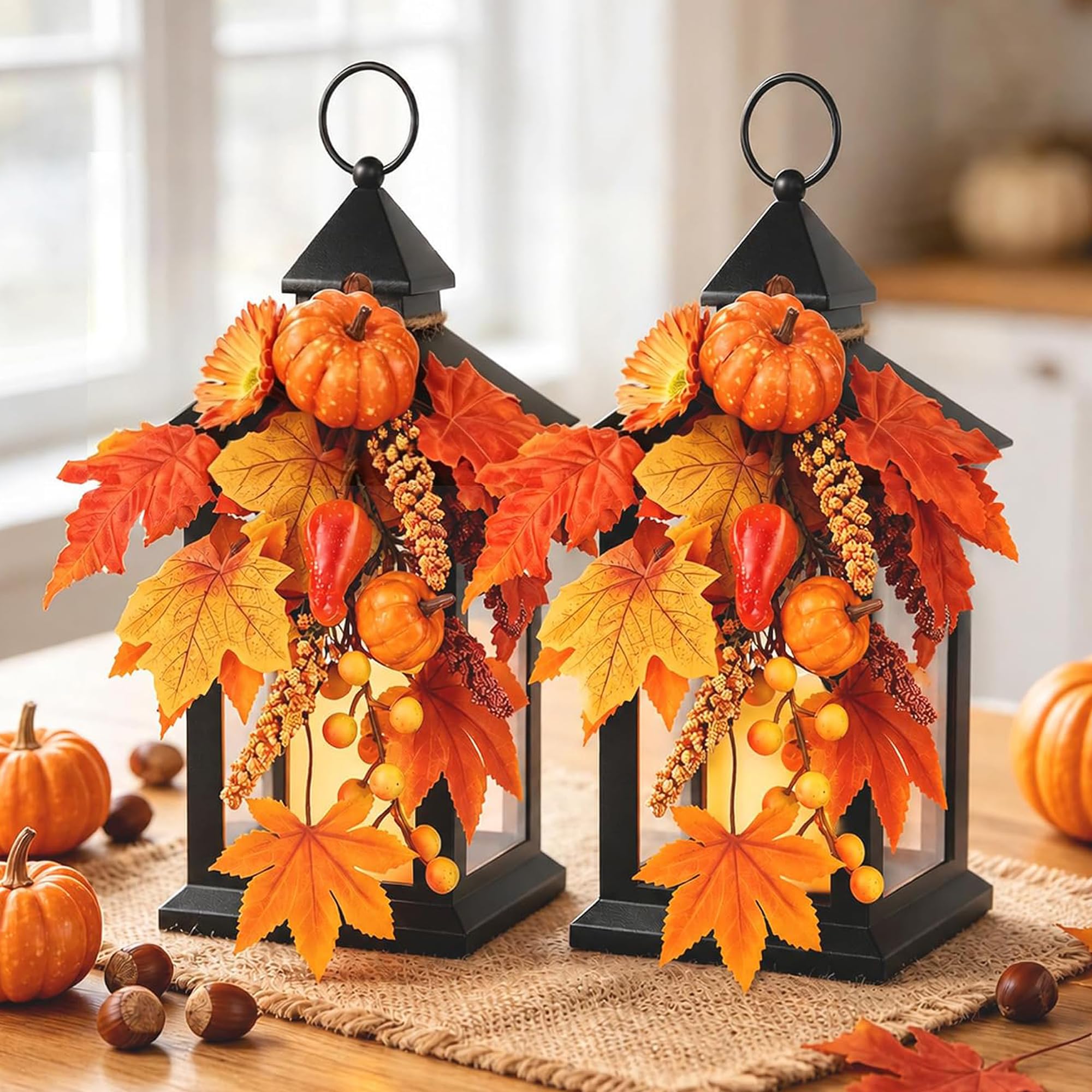 Fall Lanterns Decorative Indoor, 14" Autumn Decor Black Outdoor Lantern
