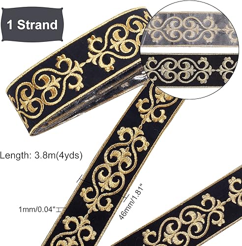 Miniatura 10 de PH PandaHall Cinta jacquard de 4.1 yardas, 1.3 pulgadas, ribete de encaje bordado de oro negro bohemio para manualidades, costura, manualidades,