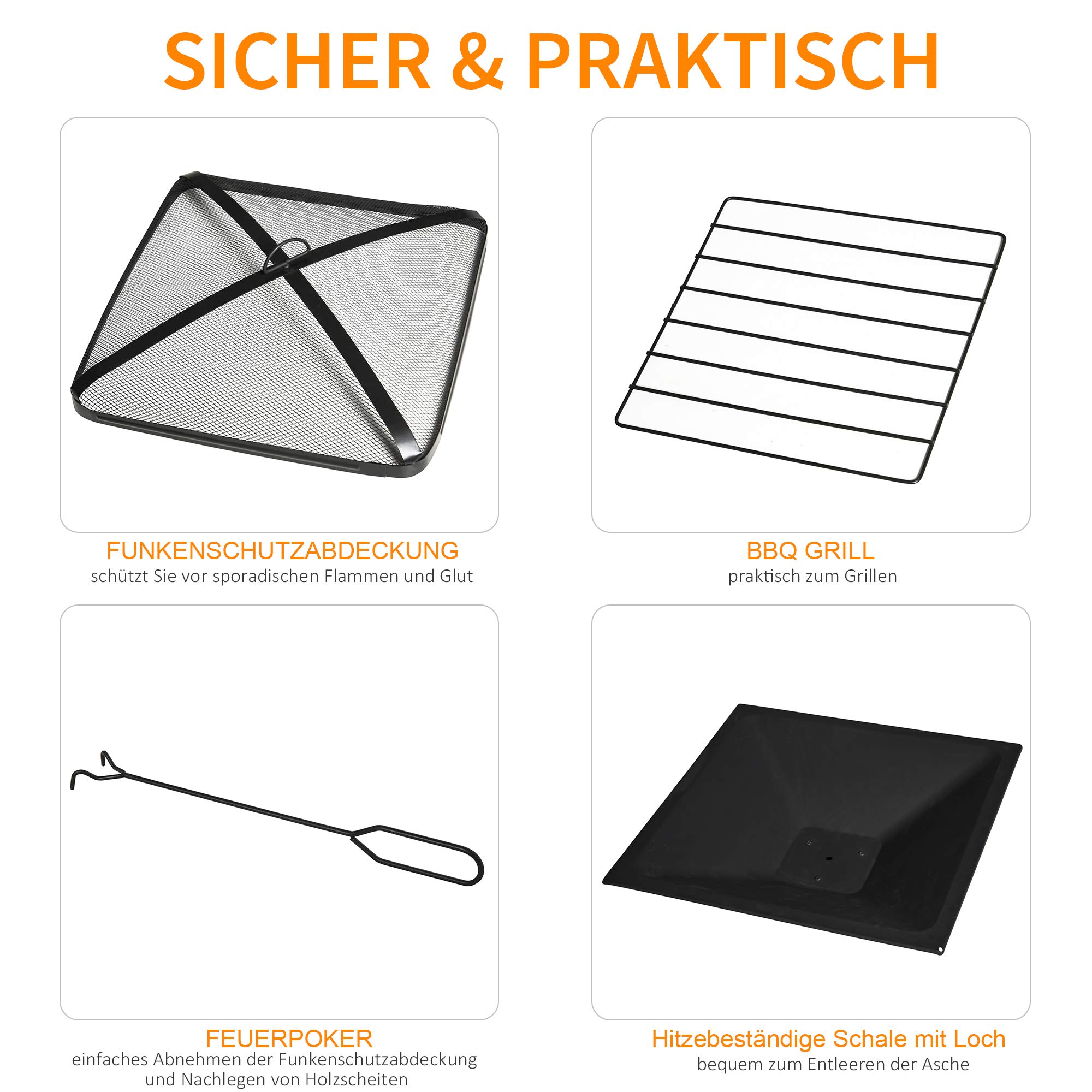 Outsunny 3-in-1 Feuerschale mit Funkenschutz Schwarz 76cm x 76cm x 47cm | Feuerkorb, Feuerstelle, Grillrost, Eiskübel, Garten BBQ