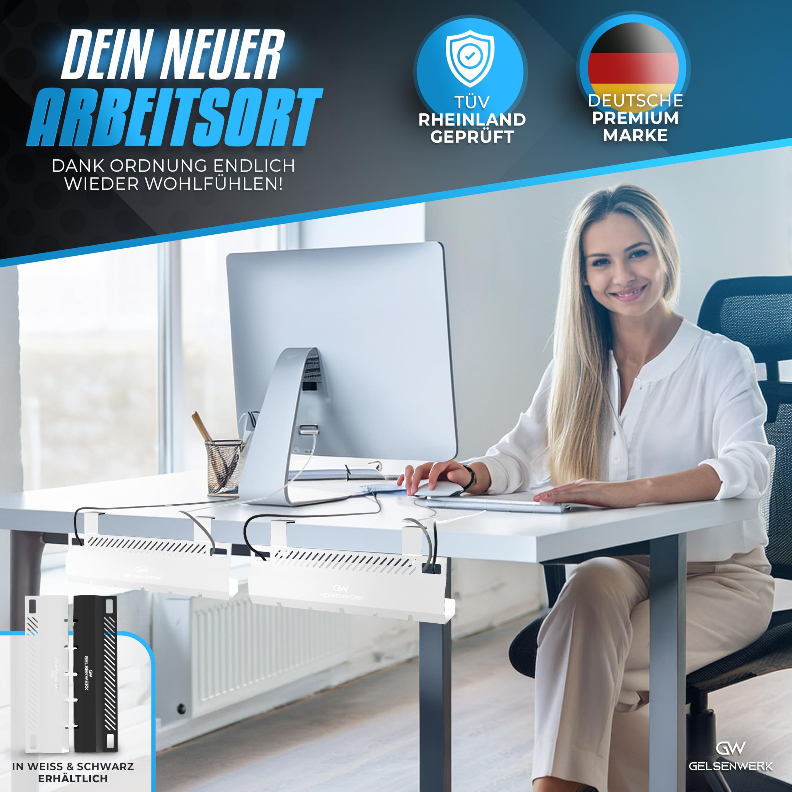 Kabelkanal Schreibtisch Weiß 2er Set – Kabelmanagement Metall Kabelwanne ohne Bohren Kabel Organizer