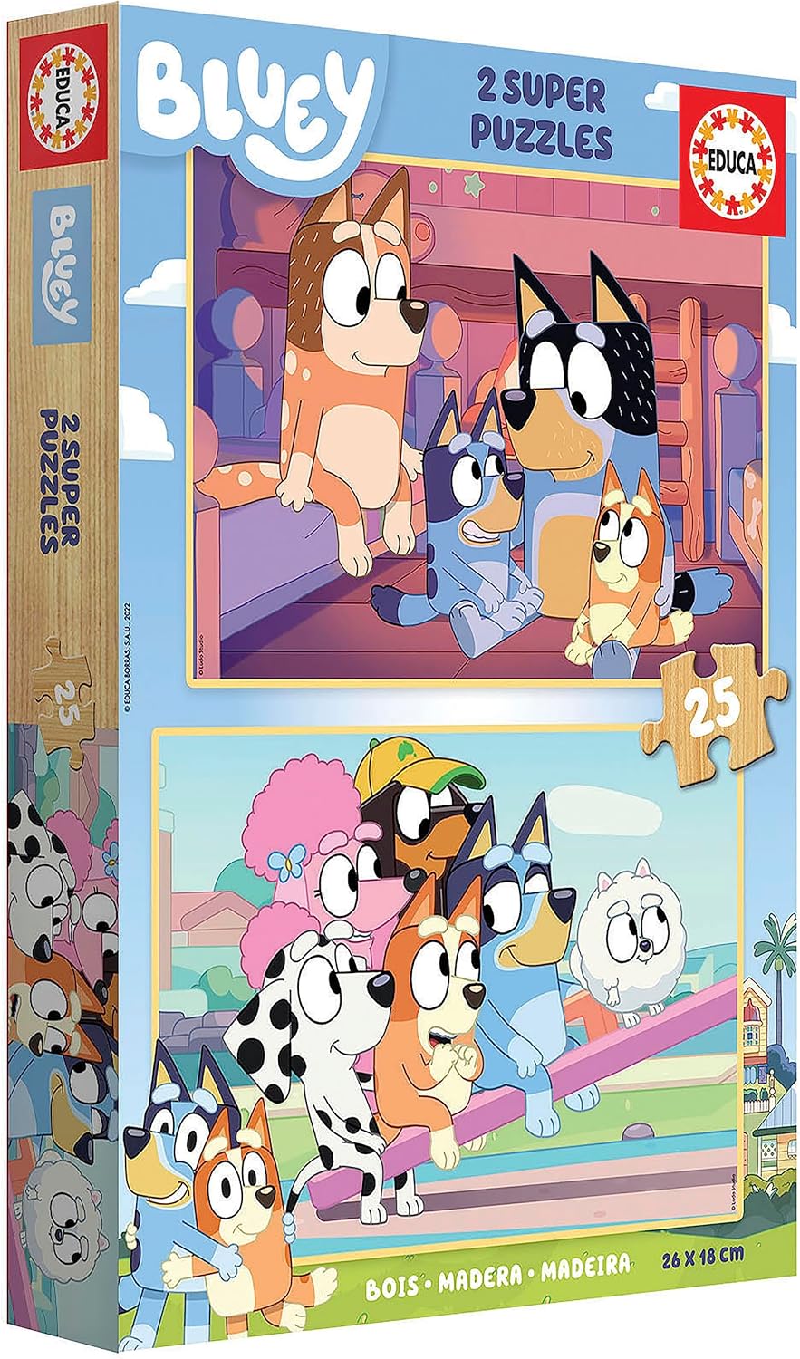 Educa - Bluey: Set of 2 Wooden Puzzles for Children of 25 Pieces Each. Dimensions: 26 x 18 cm. Made of Large Pieces Perfectly Finished. Recommended for Children Aged 4 and Older (19407)