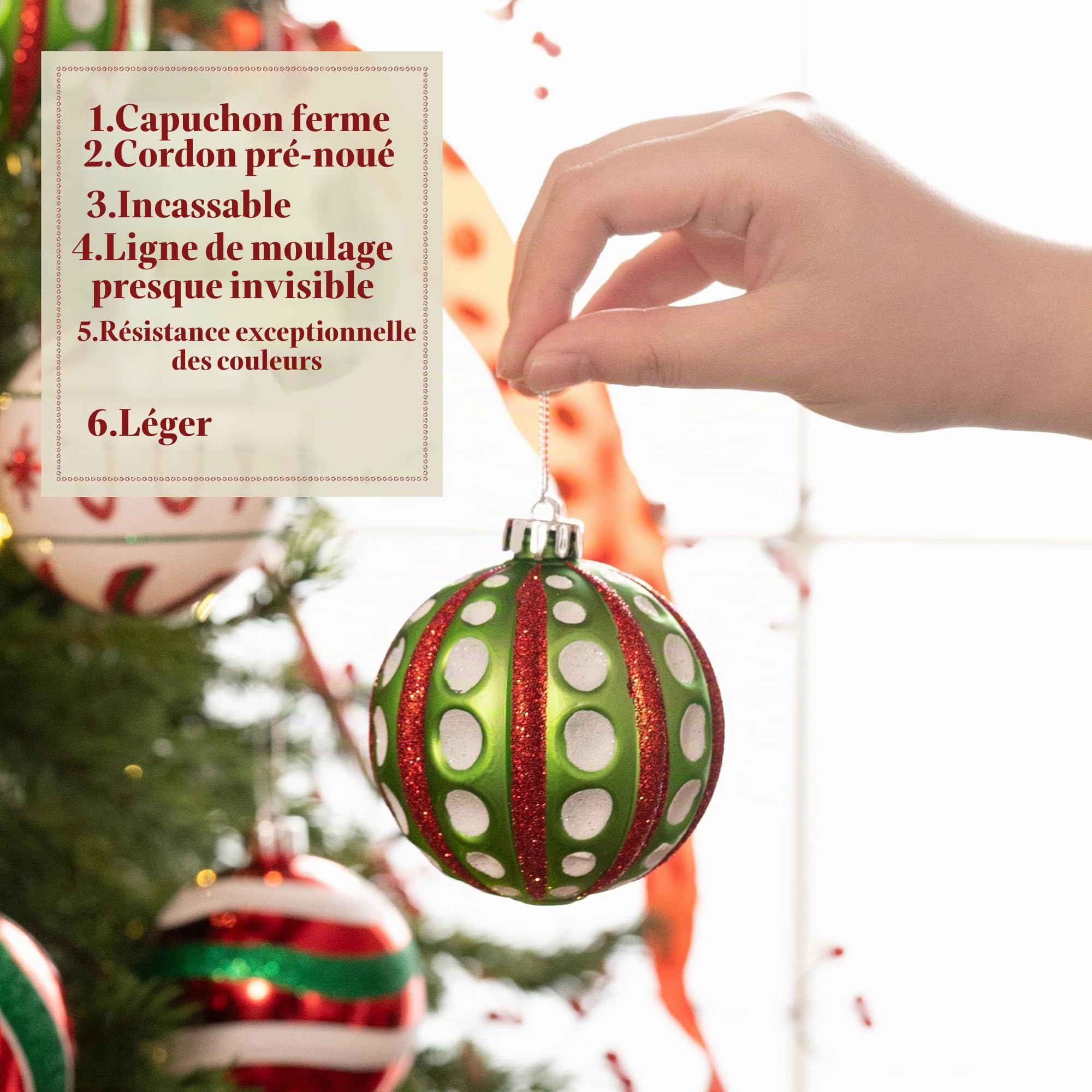 Valery Madelyn 16pcs 8cm Boules de Noël, Thème Elfes Rouge Vert Blanc Lot de Décoration pour Sapin de Noël, Boule à Suspendre pour l'arbre Noël, Equipées d'une Corde Emballage de Papier Kraft de Luxe