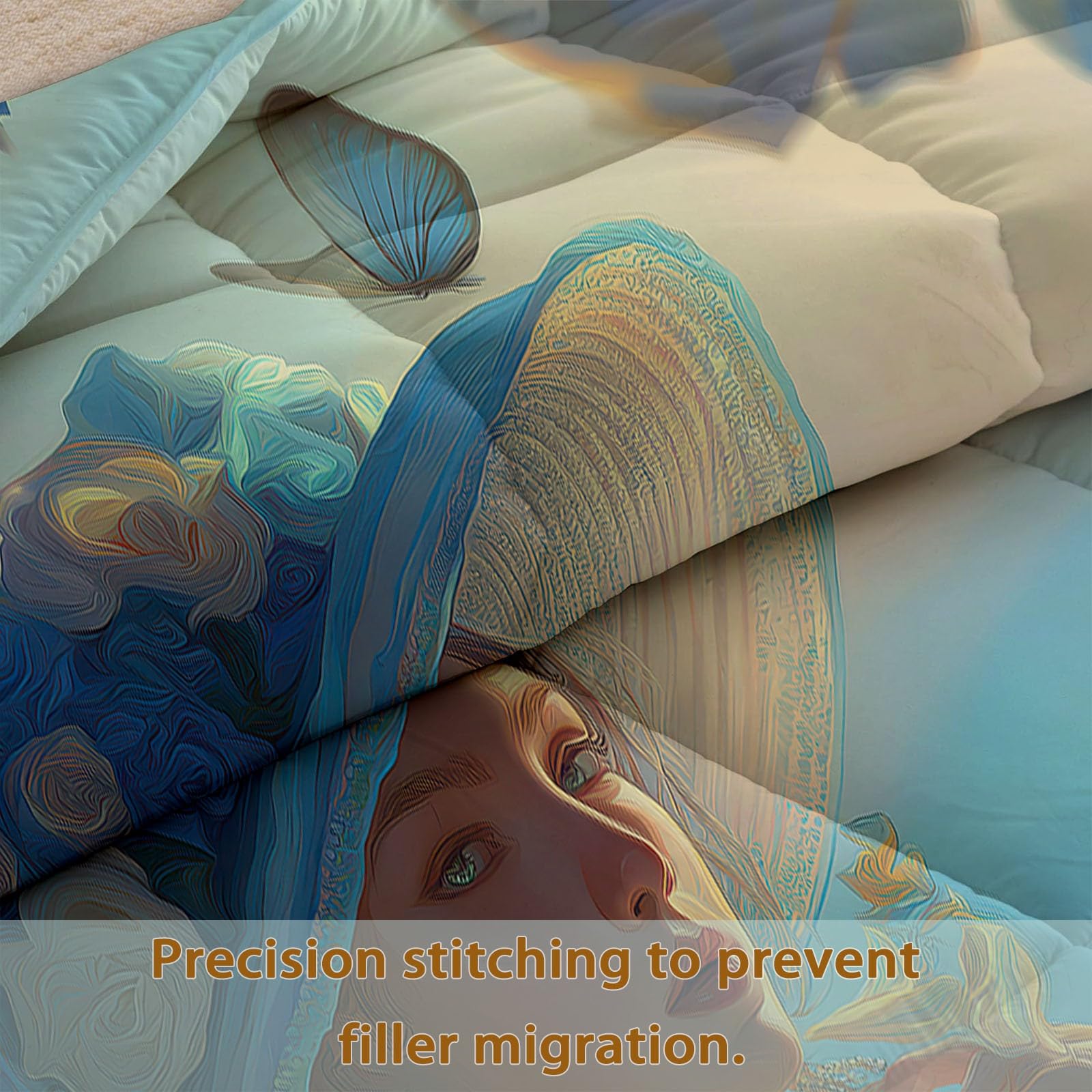 Trapunta 200 x 220 cm 4 stagioni blu trapunta stampata pittura ad olio donna costiera floreale per letto matrimoniale matrimoniale Edredon reversibile lavabile senza fodera per donne adulti residenti