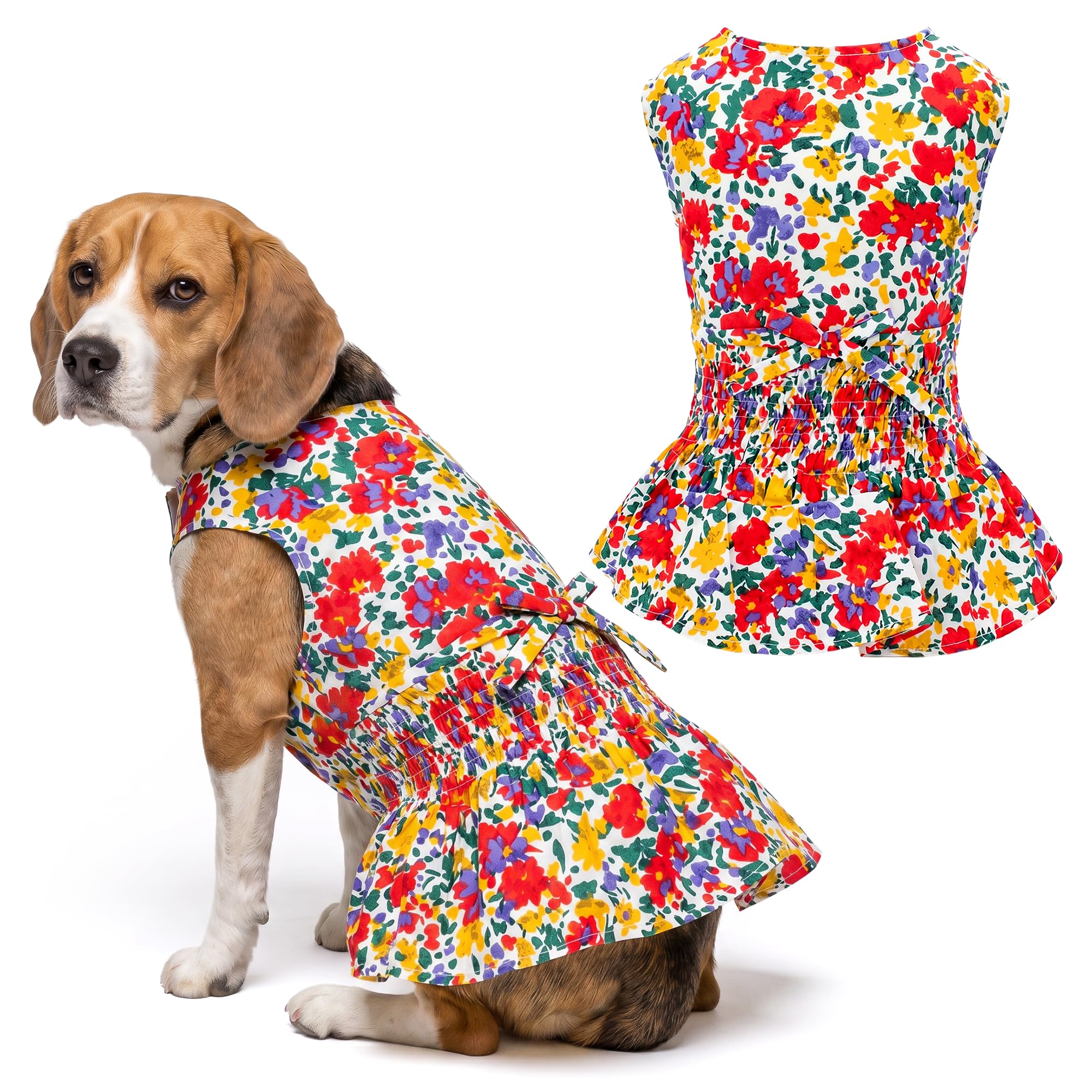 Parisian Pet Floral Dog Dress - 100% Cotton Summer Clothes for Large Dogs Girl - Ruched Waist Pet Dress - Stylish Printed Beach Dog Outfit - Lightweight Puppy Clothes - Sleeveless Dresses for Dogs โ image 1