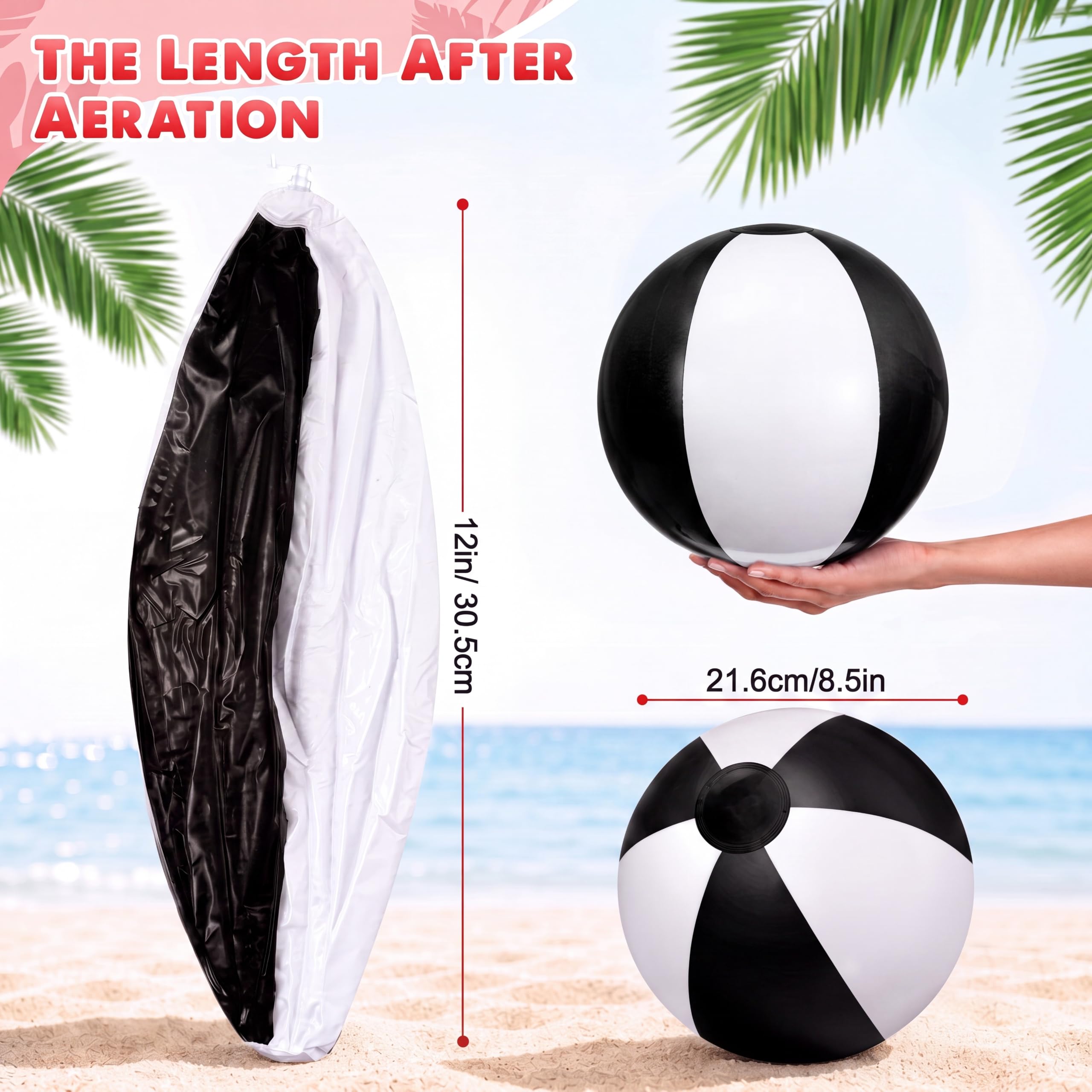 Zhanmai 40 palline da spiaggia gonfiabili, 25,4 cm, per piscina e spiaggia, per adolescenti e adulti, giocattoli per piscina, decorazioni estive hawaiane a tema tropicale, bomboniere (nero e bianco)