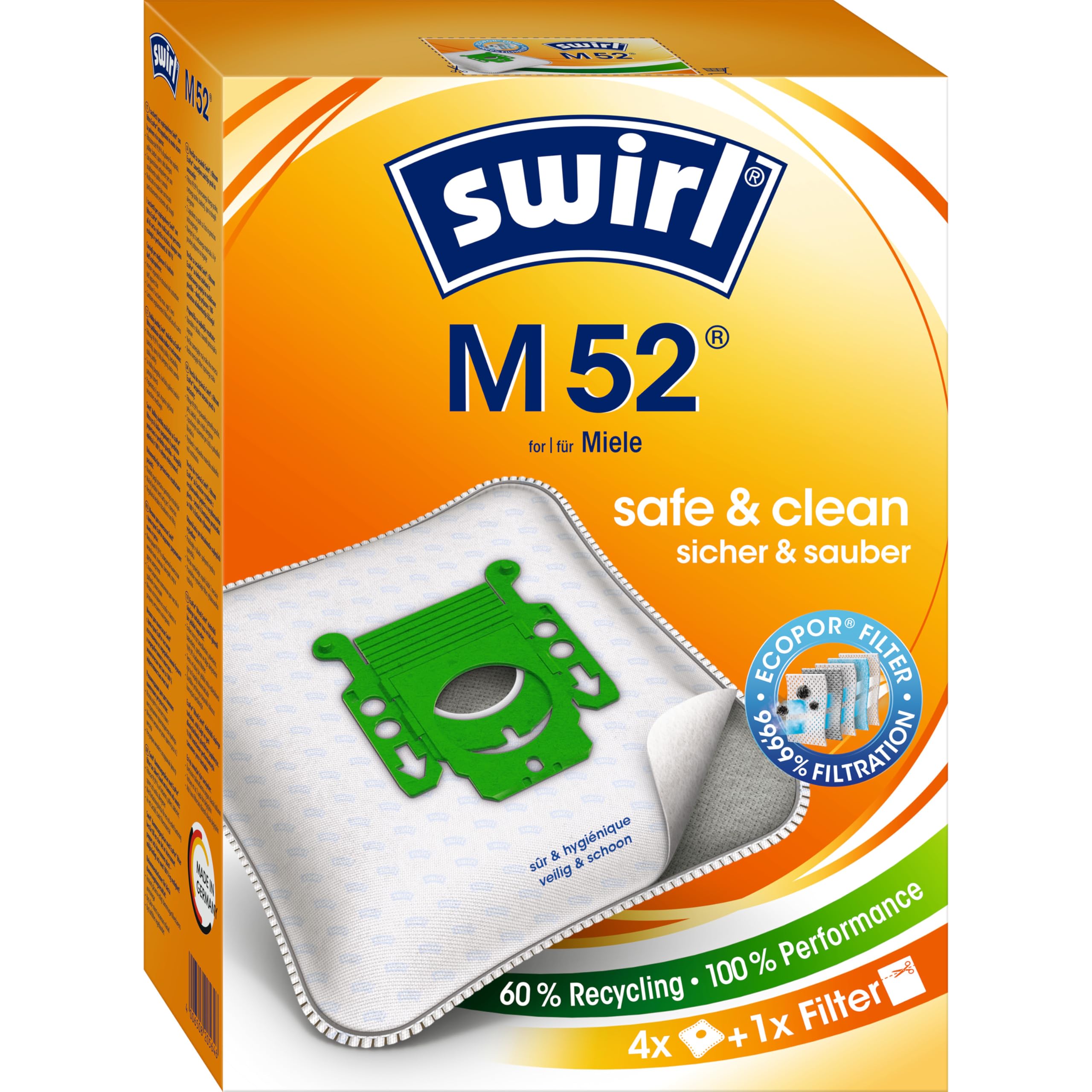 Swirl M 52 MicroPor Plus Pure Air Vacuum Cleaner Bags for Miele Vacuum Cleaners - Highly Absorbent with Sealable Holding Plate - 4 Bags + 1 Filter, White, 1 - Pack
