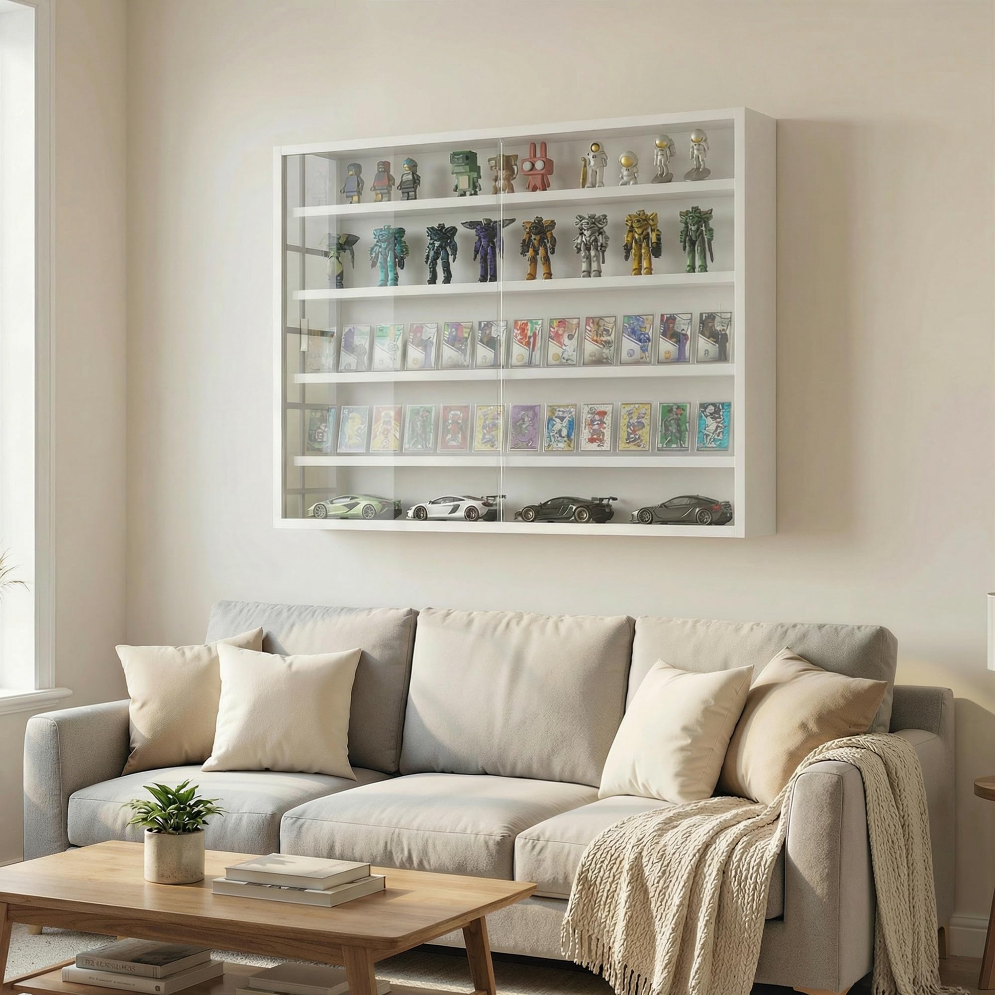 HOMCOM Vetrina espositiva per collezioni a 5 livelli, vetrina da parete, con ripiani regolabili e 2 ante scorrevoli in vetro, per profumi, statuine decorative, 80x9,5x60 cm, bianco