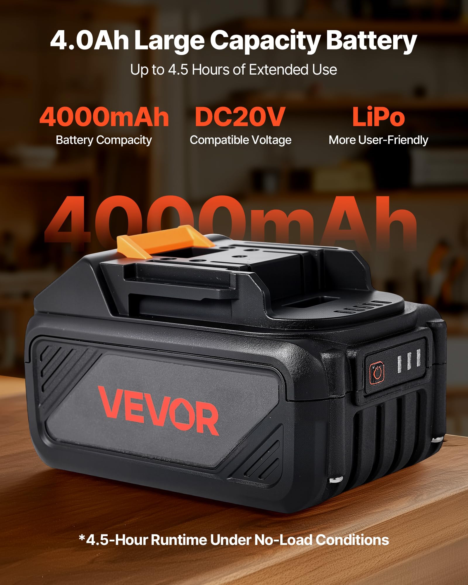 VEVOR Batteria Portatile e Caricabatteria, 20 V MAX, Batteria agli Ioni di Litio da 4,0 Ah, Grande Capacità 4000 mAh, Autonomia Estesa, per Utensili della Serie, per Sostituzione e Ricarica Rapida
