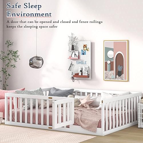 Miniatura 4 de Tatub Cama de piso matrimonial con barandillas de seguridad y puerta marco de cama para niños pequeños tamaño matrimonial para niñas y niños cama de