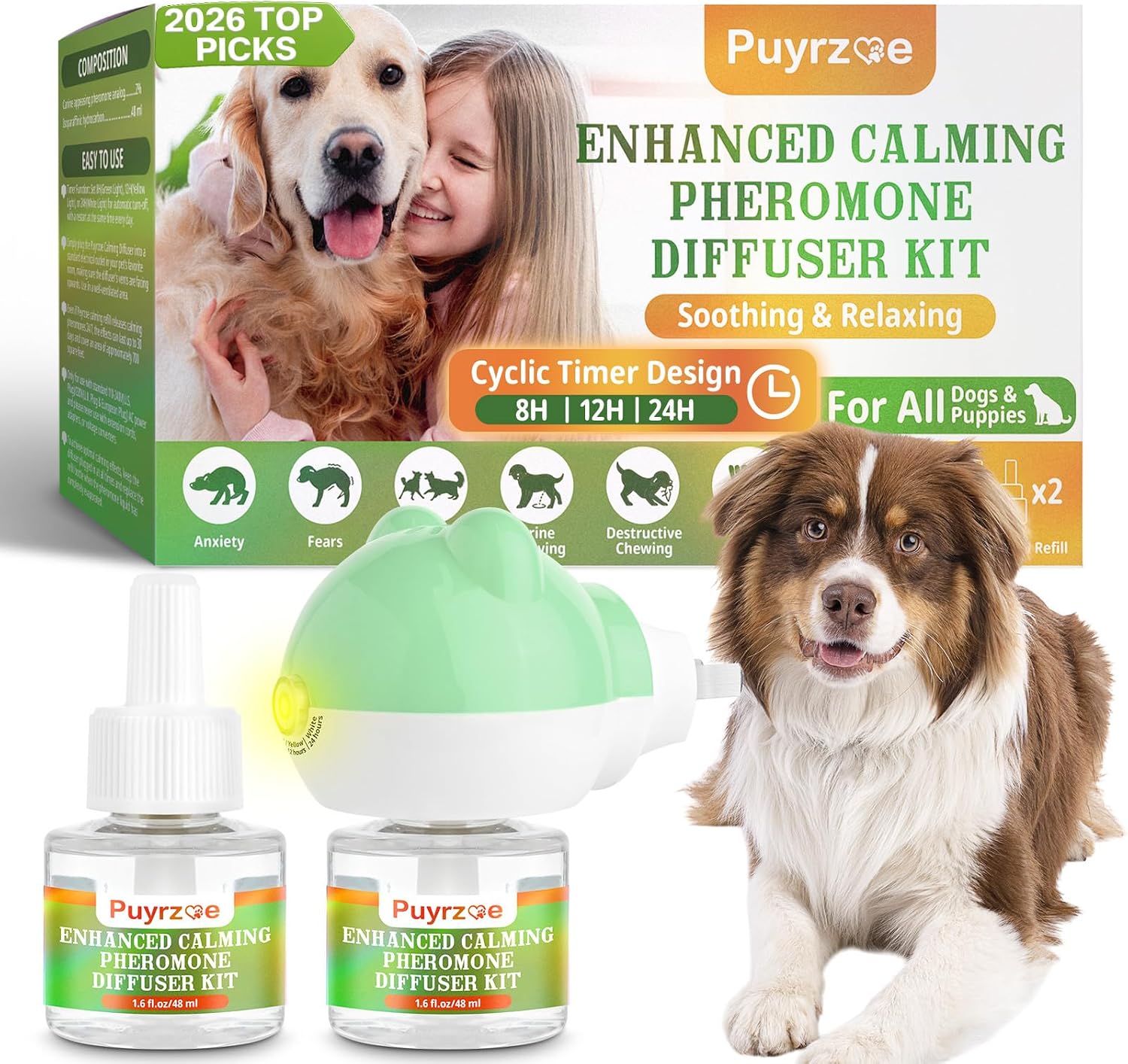 puyrzoe Dog Calming Diffuser, Dog Pheromone Diffuser, 1 Plug-in + 2 Refills | Three Timer Modes with Daily Memory, up to 700 Sq Ft Coverage and 60 Days of Odorless Calming Support for Dogs of All Ages.