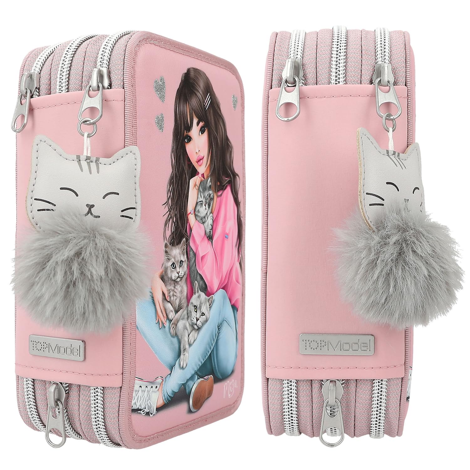 Depesche 11754 TOPModel Kätzchen - Gefüllte 3-Fach Federtasche mit Model-Motiv, rosafarbenes Federmäppchen mit Buntstiften, Lineal, Schere UVM