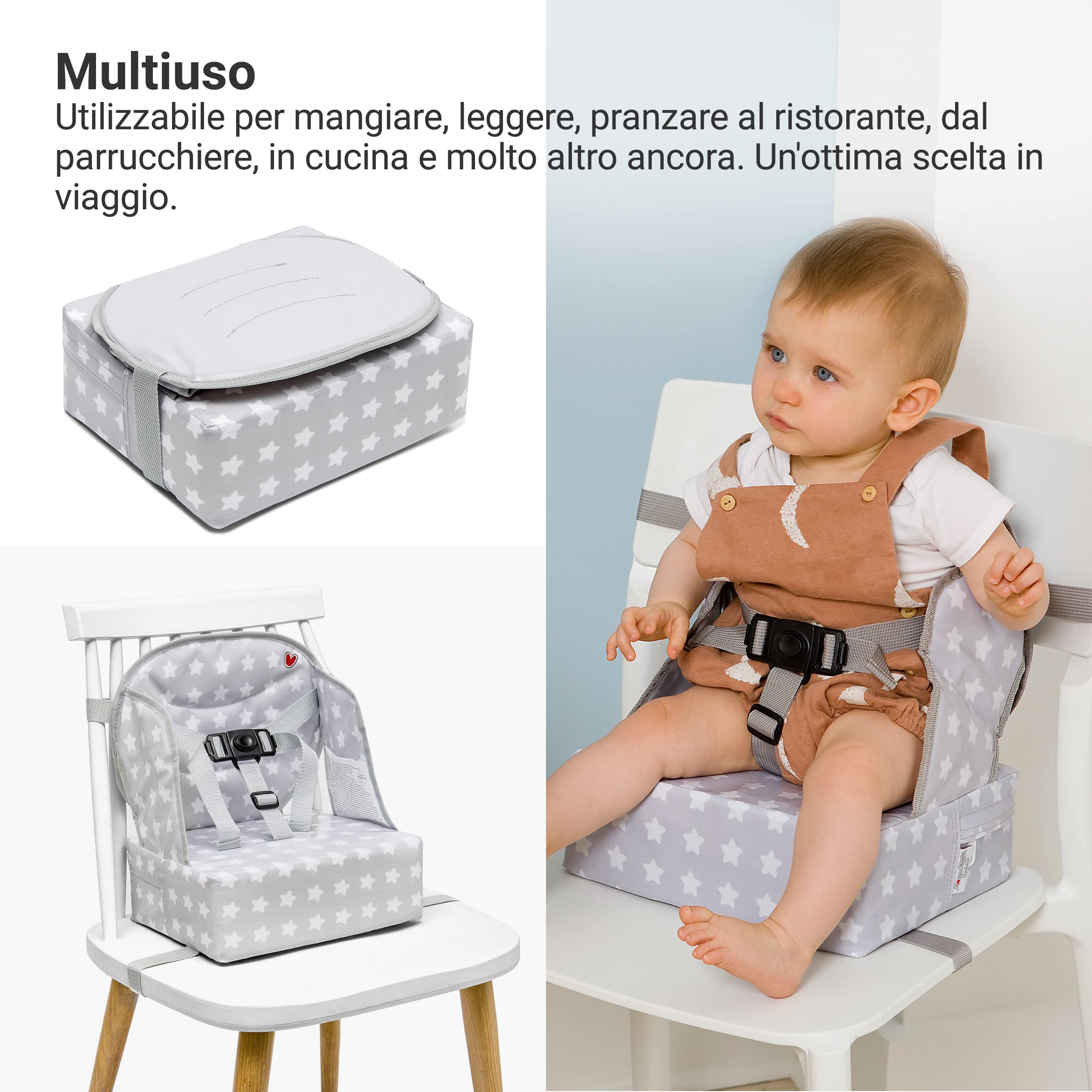 Baby-To-Love Easy Up, seggiolone per neonati, sollevatore per seggiolone, sollevatore Nomade Baby (White Stars)