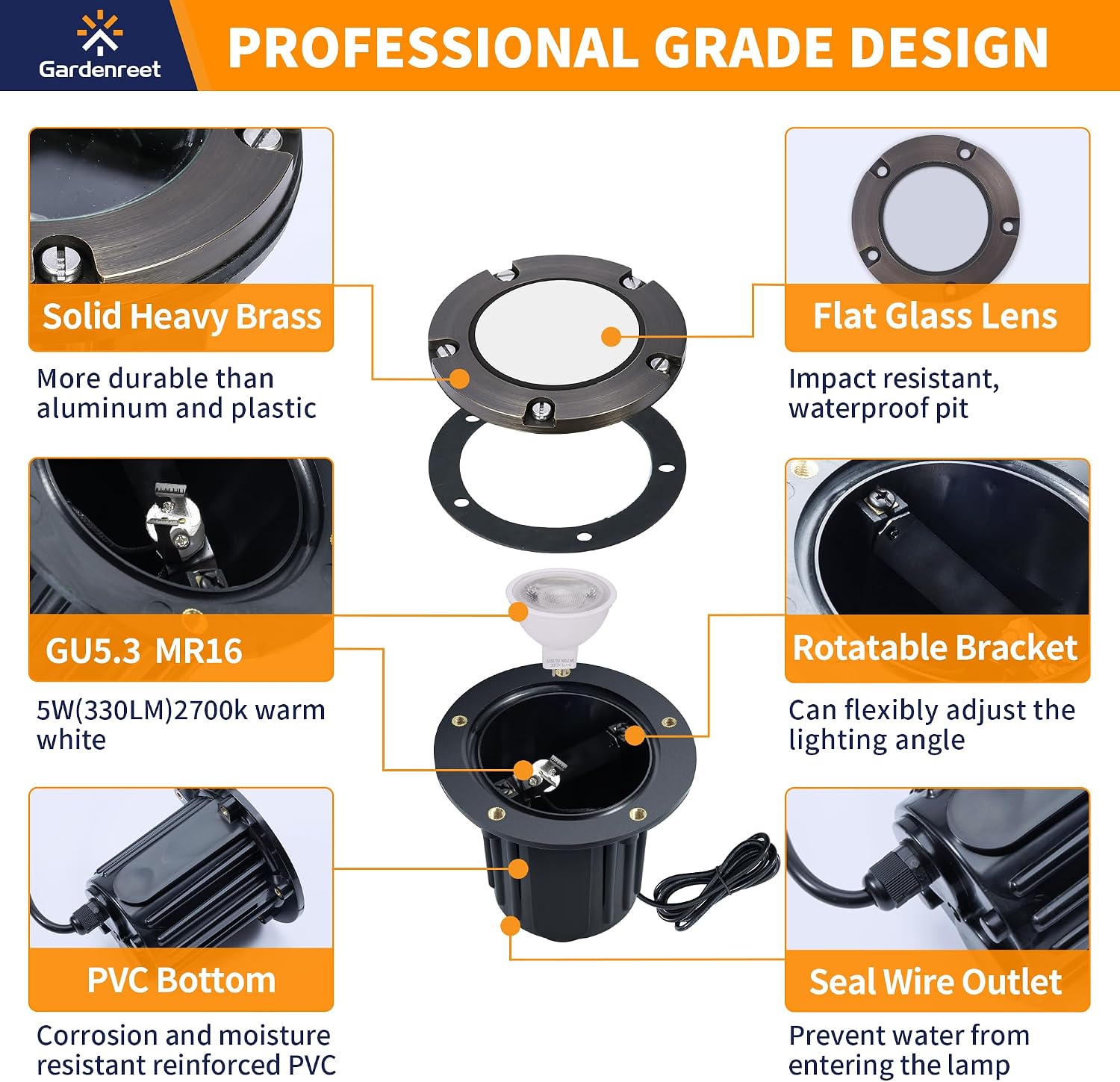 Gardenreet Brass Low Voltage In Ground Lights Kit(6 Pack) with MR16 Bulb & 100Feet Wire & Connectors, 12V AC/DC LED Well Lighting for Outdoor Yard Garden Paver Path(Open Top)