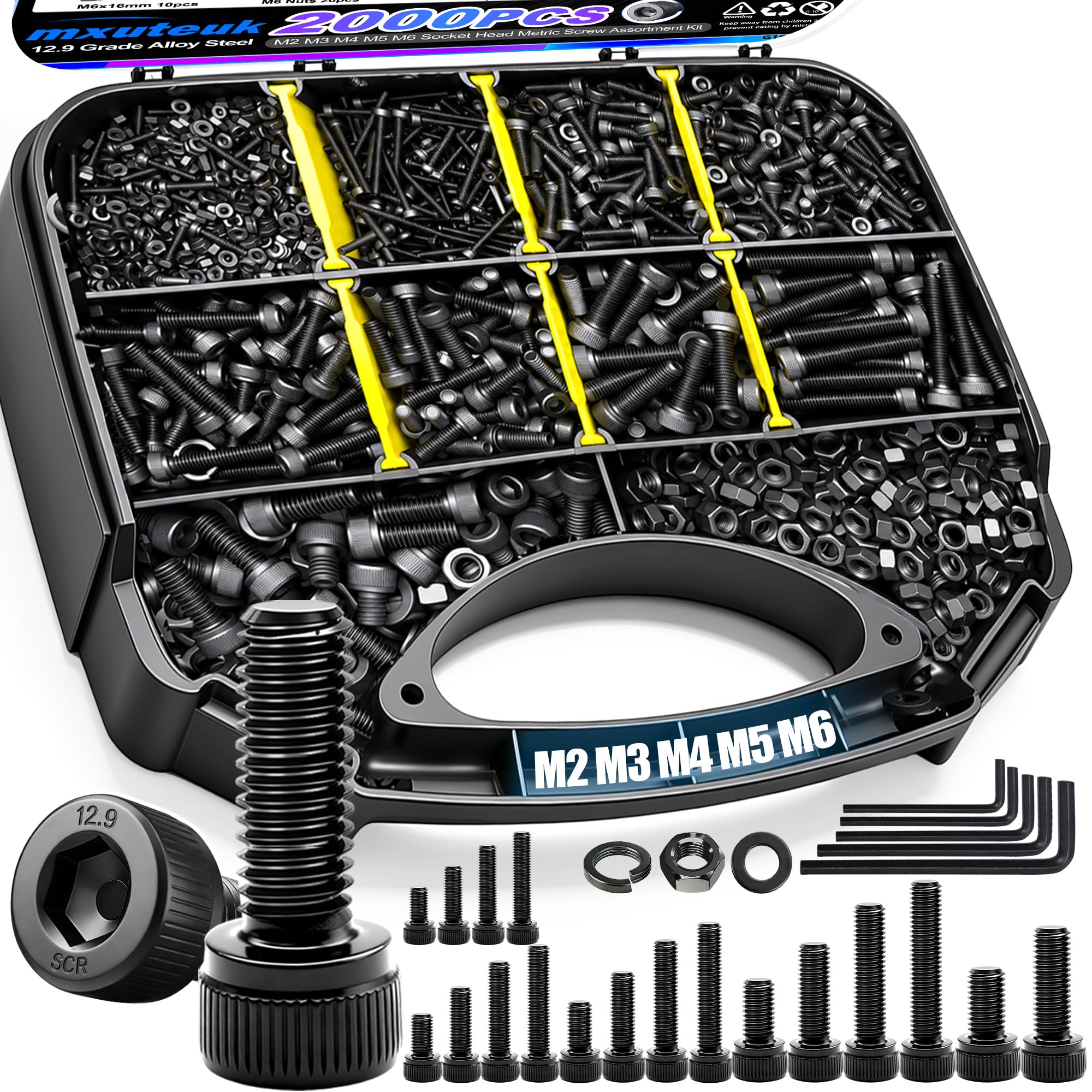 mxuteuk 720PCS M3 Screws Kit,M3×6/8/10/12/16/20mm M3 Screws Assortment Kits,12.9 Alloy Steel M3 Hex Socket Head Bolts Nuts Washers Set Suitable for 3D Printer,DIY — Amazon image 17