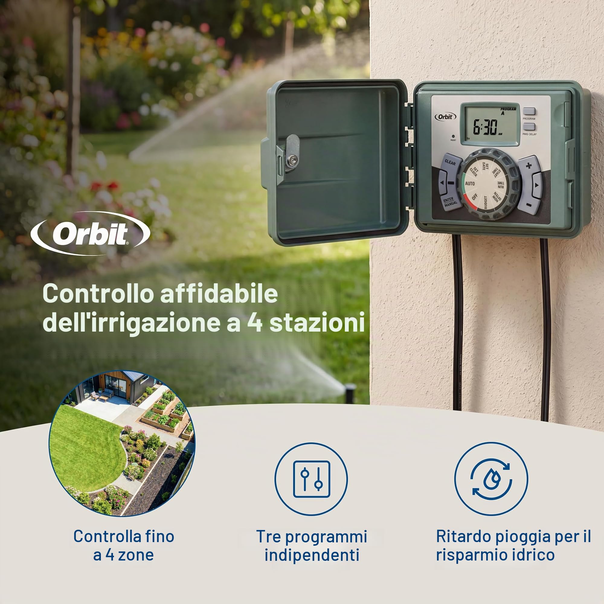 Orbit Impianto di irrigazione a pannello oscillante, con timer, verde, 4 stazioni