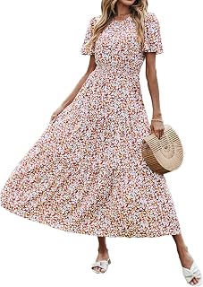 Women's Summer Casual Short Flutter Sleeve Round Neck Smocked Waist Tiered Boho Floral Flowy Maxi Dress