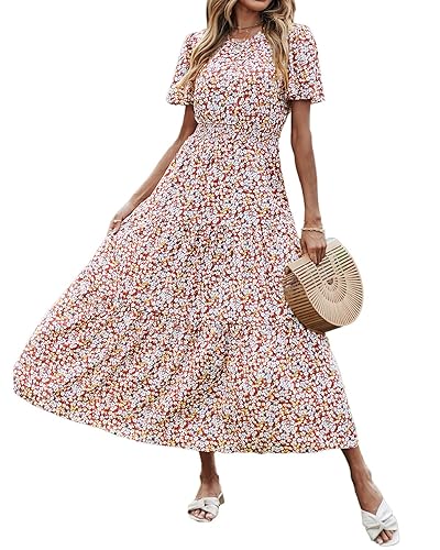 PRETTYGARDEN Women's Summer Casual Short Flutter Sleeve Round Neck Smocked