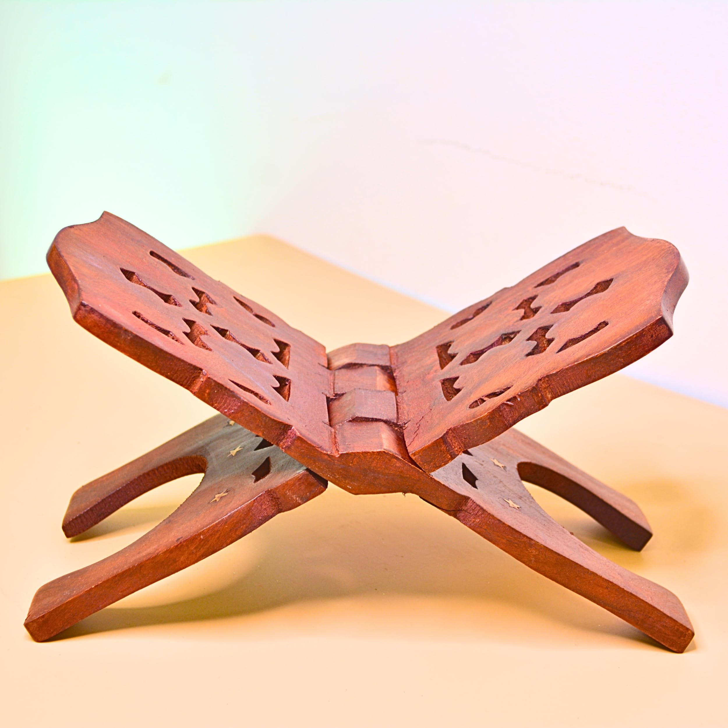 Decorative Wooden Foldable Rehal Stand For Holy Books - Geeta, Ramayan, Quran, Bible, Rosewood Design