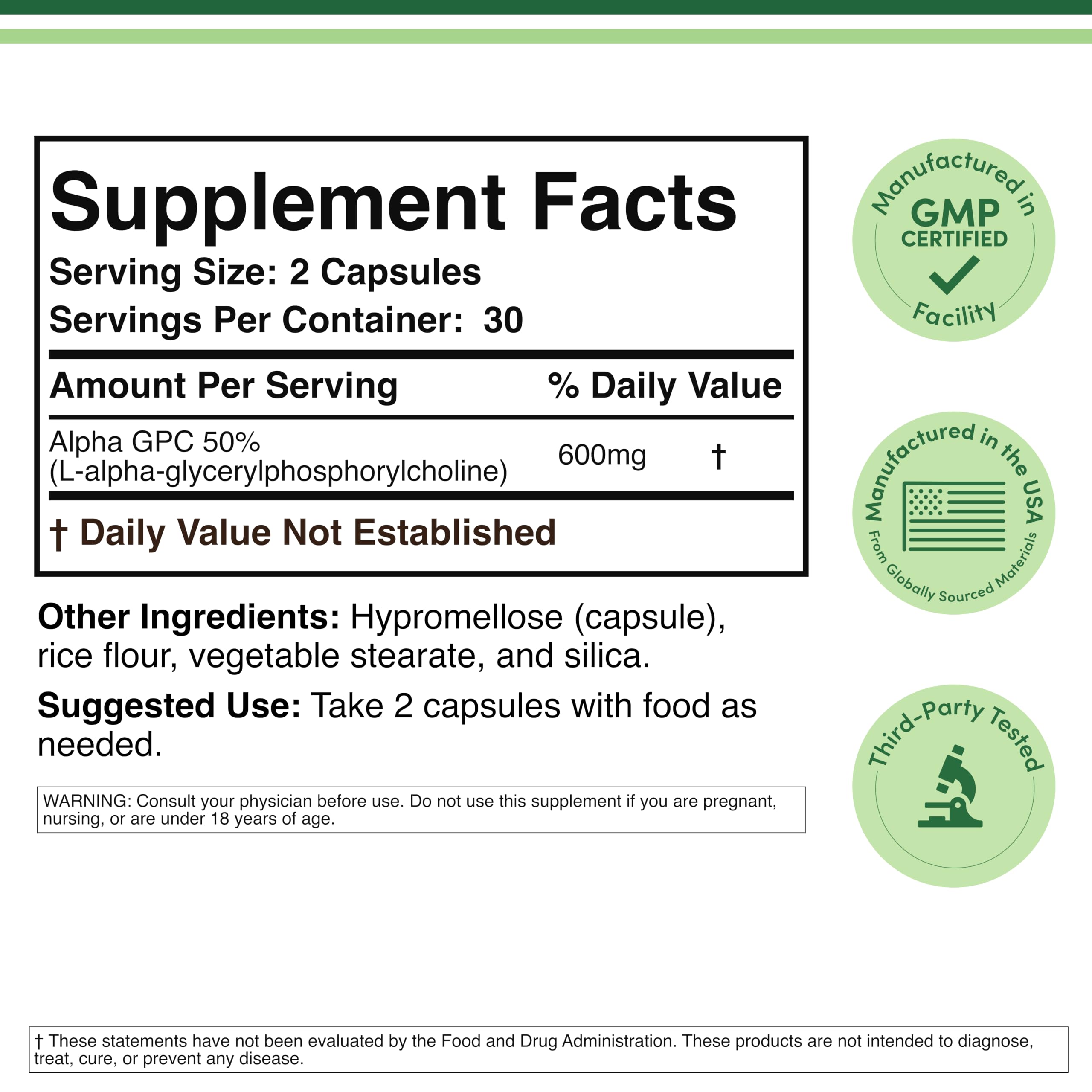 Alpha GPC Choline 300mg, Nootropic Formula, 60 Capsules — Amazon image 2