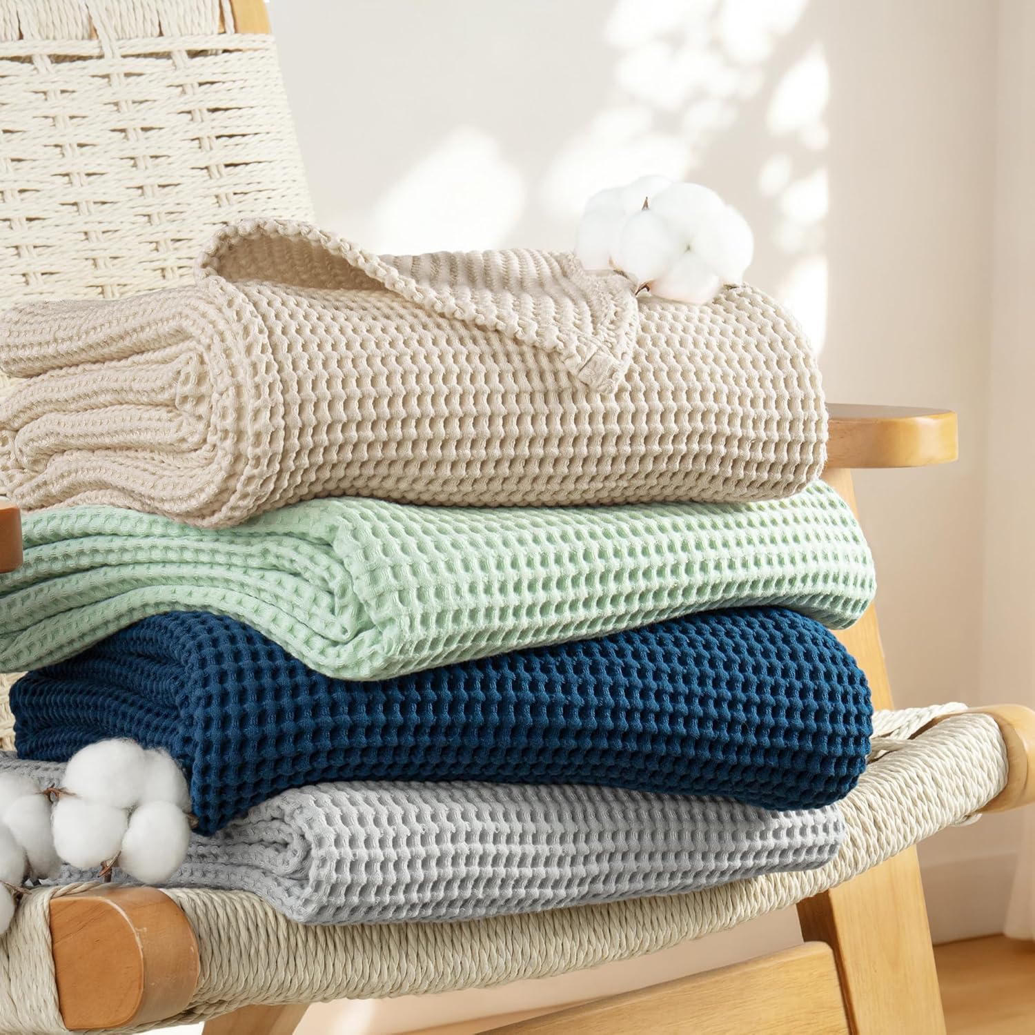 Exclusivo Mezcla 100% Cotton Waffle Weave Blanket Queen Size, Soft, Lightweight and Breathable Muslin Gauze Blanket for Bed, All Season, 90"x90", Khaki - Image 5