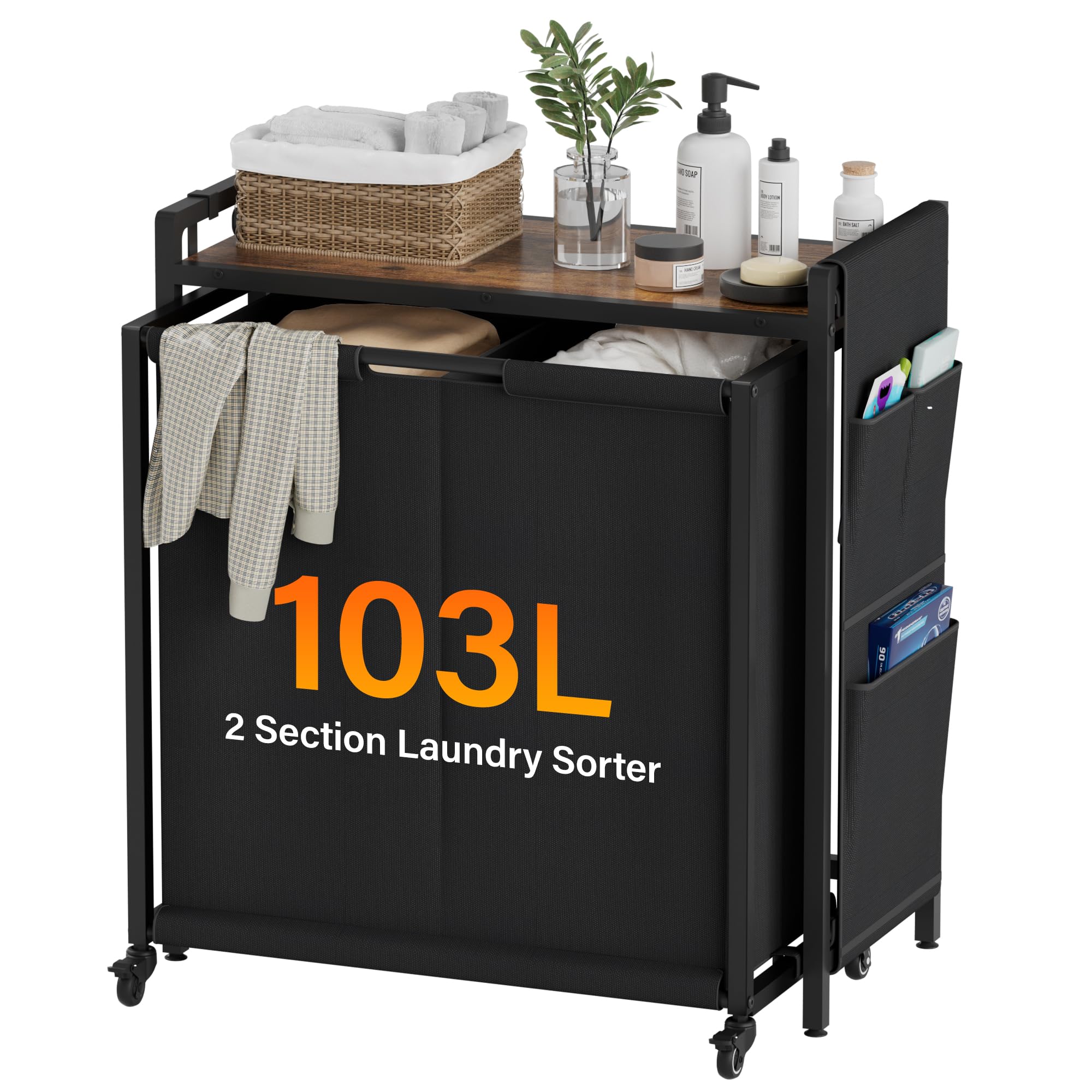 Laundry Sorter 2 Section Laundry Hamper Basket with Shelf and Wheels - Rolling Laundry Basket Organizer with Pull-Out