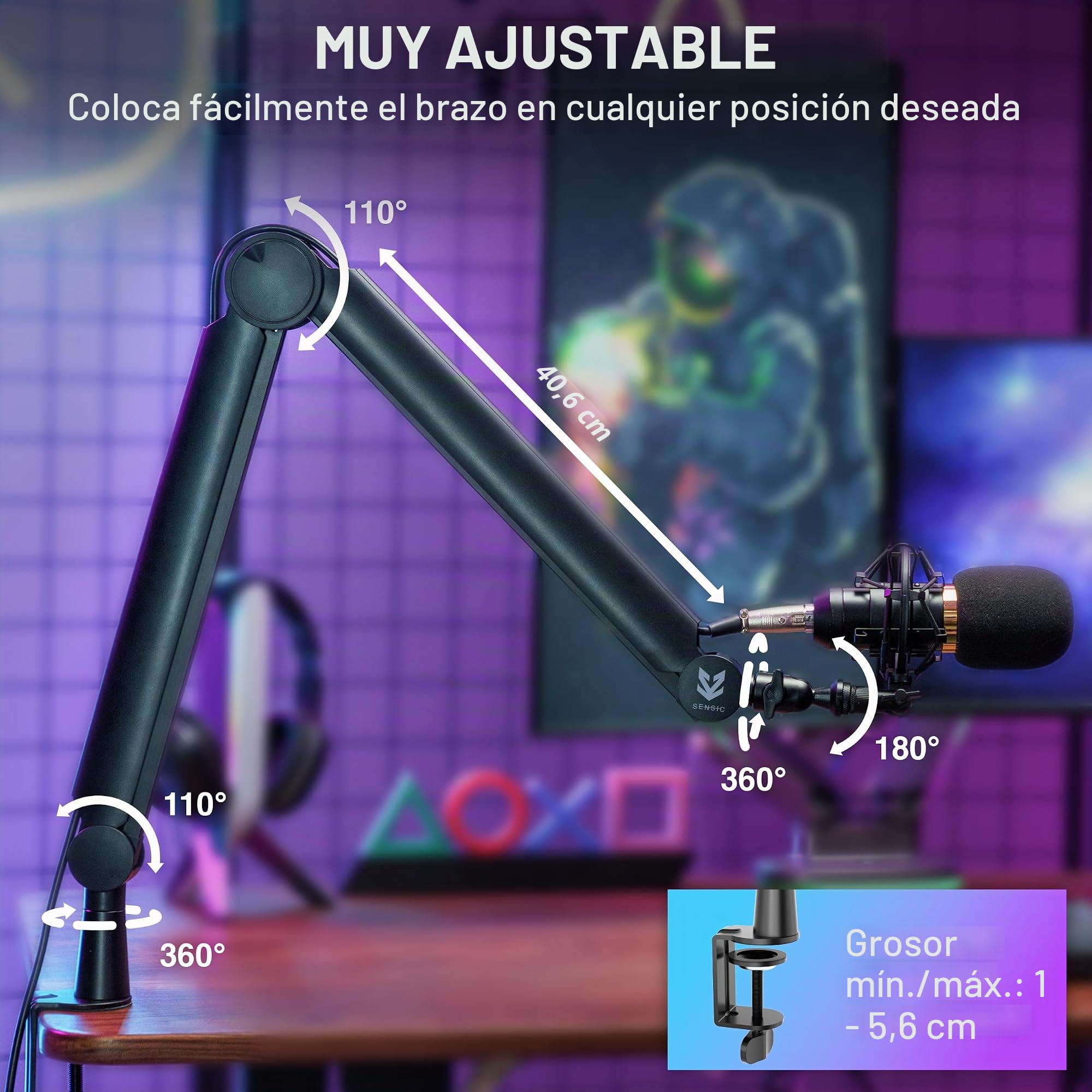 Sensic Brazo de micrófono SA-30, soporte de micrófono giratorio de 360° con elevador de 6 pulgadas, soporte de micrófono con adaptadores de 1/4", 3/8" y 5/8", brazo de micrófono profesional con
