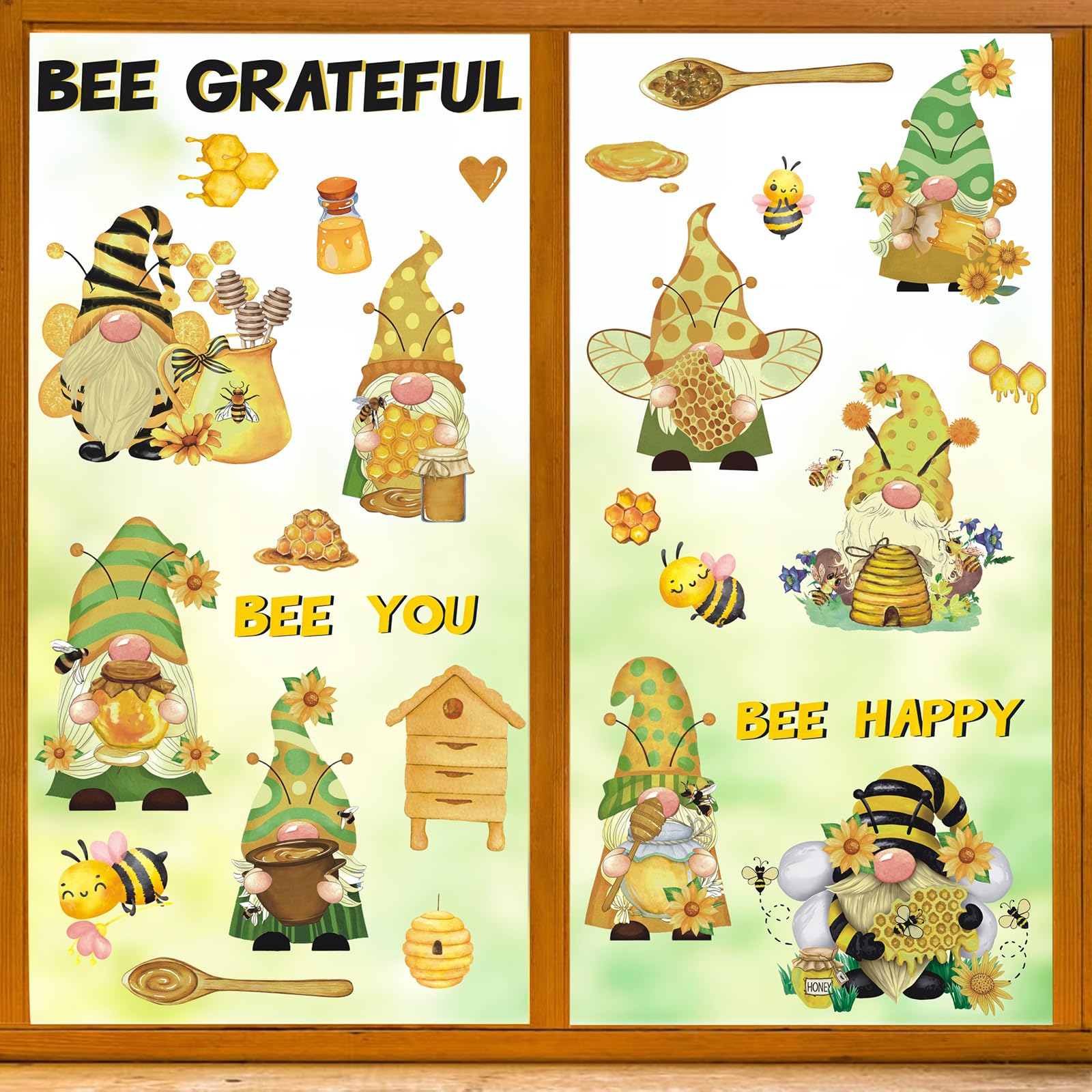 KAIRNE Bee Window Stickers Daisy Honeycomb Spring Summer Sticker Bee Happy Window Clings Gnomes Honeypot Wall Decals for Living Room Bedroom Yellow Sunflower Watercolor Clings for Store Showcase