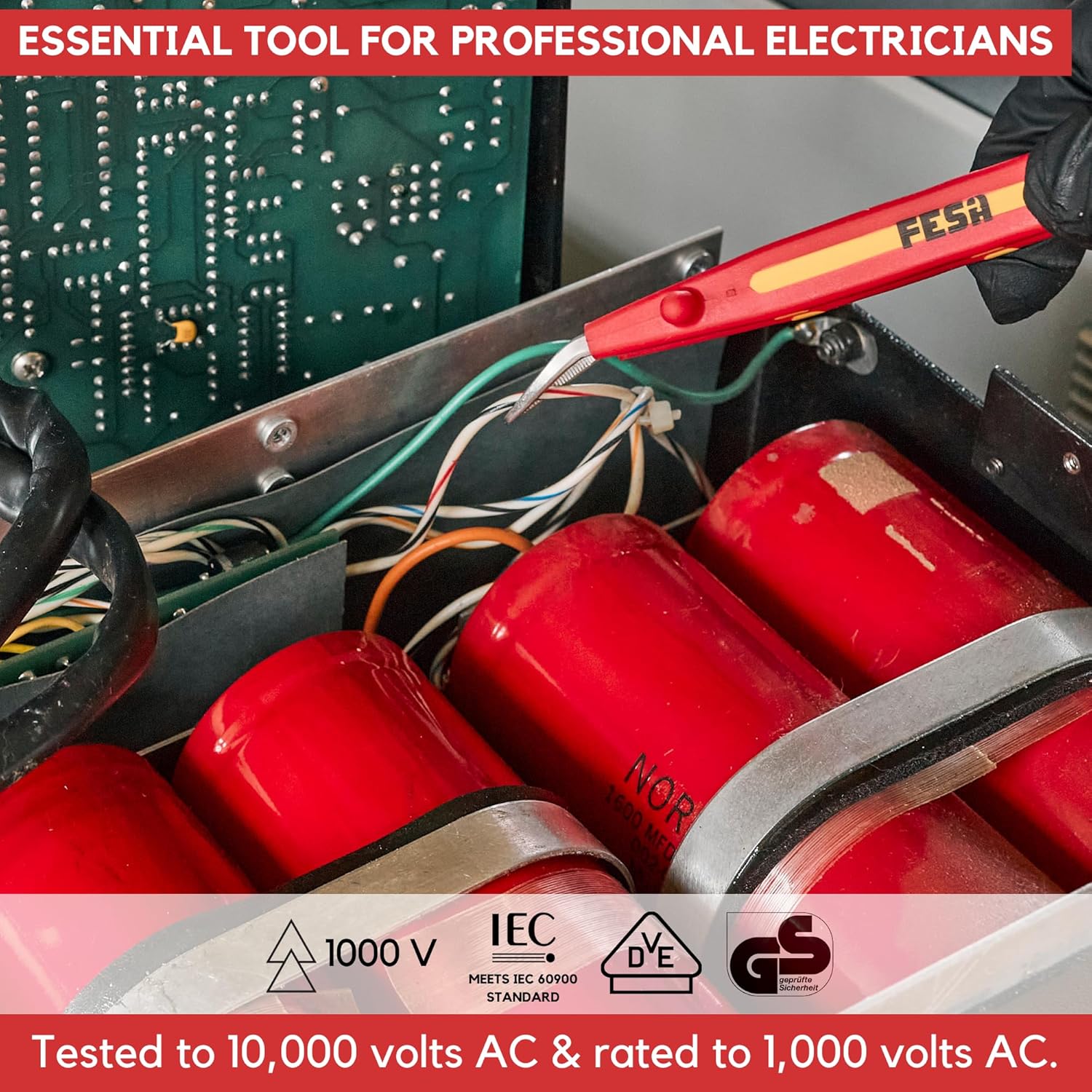 FESA Electrician Insulated Tweezers Set - 4-Piece 1000V Electrician Tweezers with Precision Tips - Precision Tweezers for Electronics & More - 1000V Insulated Electrical Tools (With Storage Pouch)