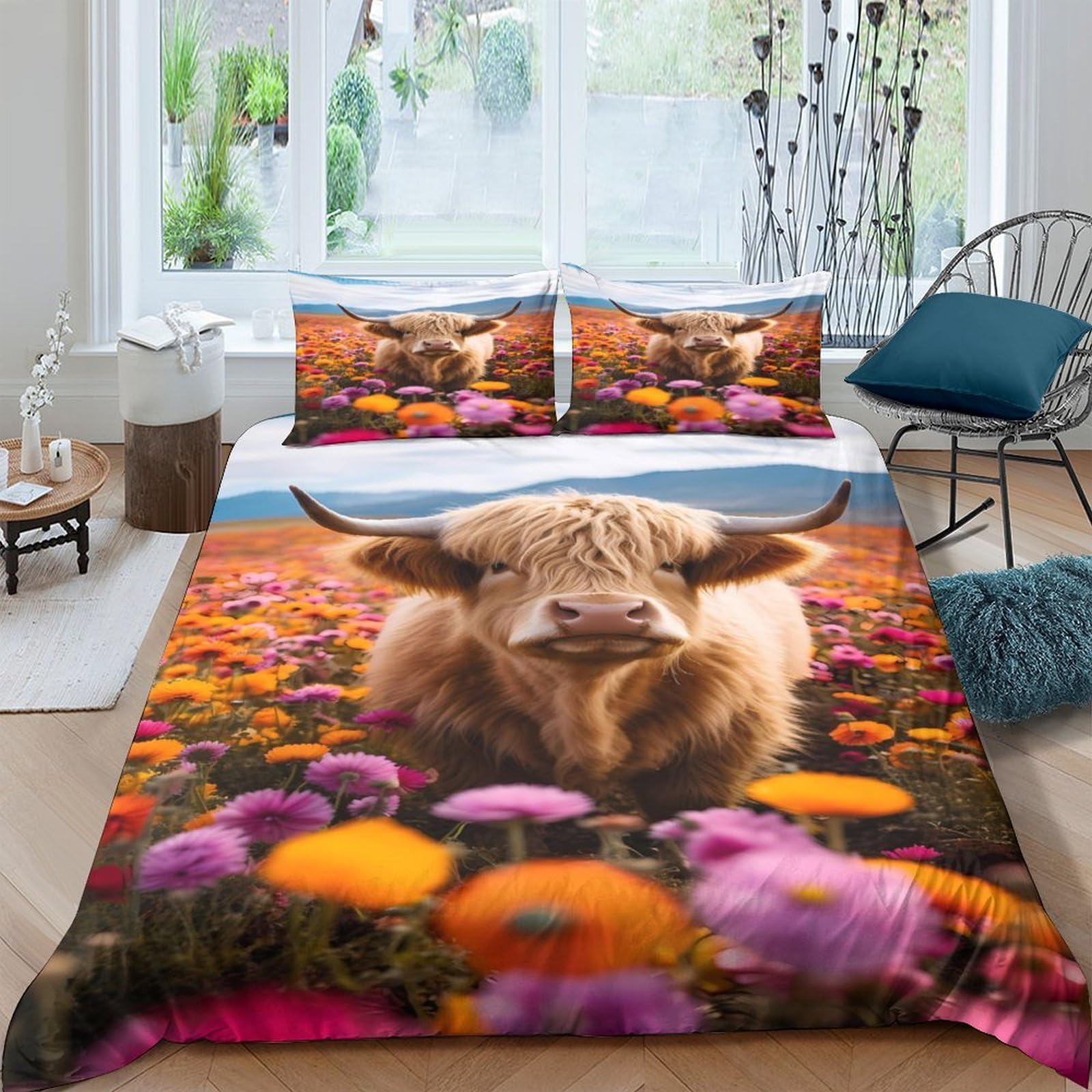 GPLZQXKJNH 3D Printed Highland Cow Duvet Cover Microfiber Soft Breathable Floral Meadow Bedding Set with 2 Pillowcases for Bedroom Decor Single（135x200cm）